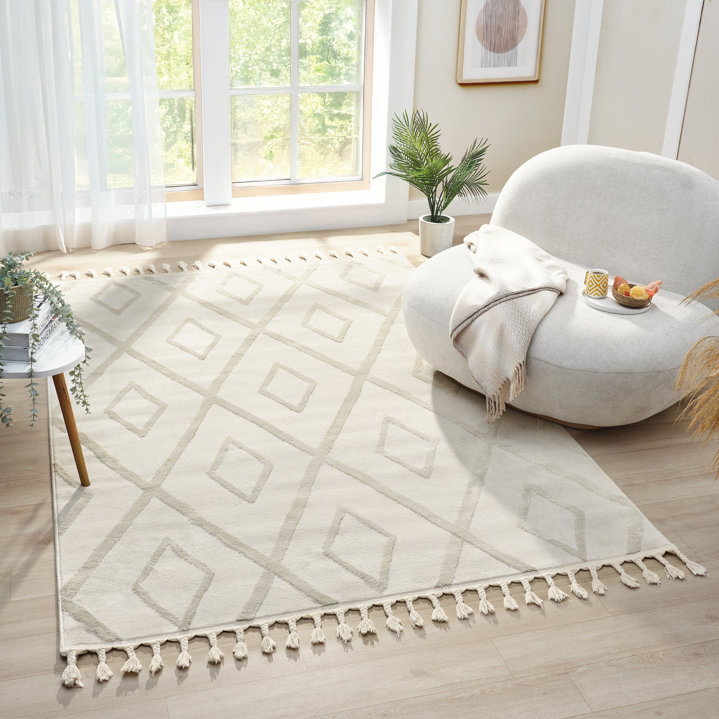 my home Teppich »Otilie« rechteckig 11 mm Höhe dichte Qualität, Woll-Look, Boho, mit Fransen und Rauten, Scandi