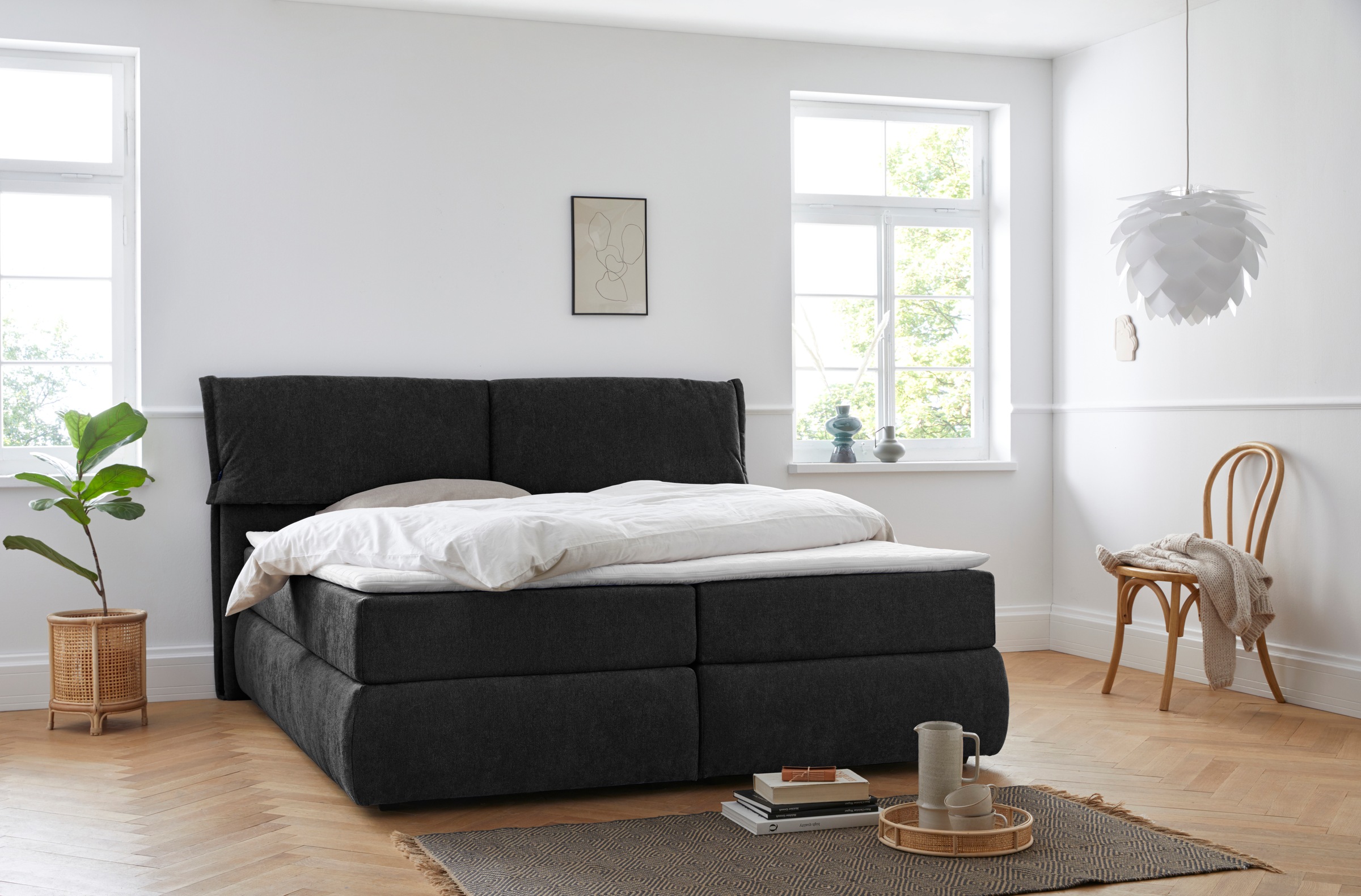 Boxspringbett HOME AFFAIRE "Jenson", grau (anthrazit), B:208cm L:225cm, Struktur weich (85% Polyester/15% Nylon), Komplettbetten, Boxspringbett, in 4 Farben, 4 Breiten, 3 Matratzenarten in 2 Härtegraden, Topper