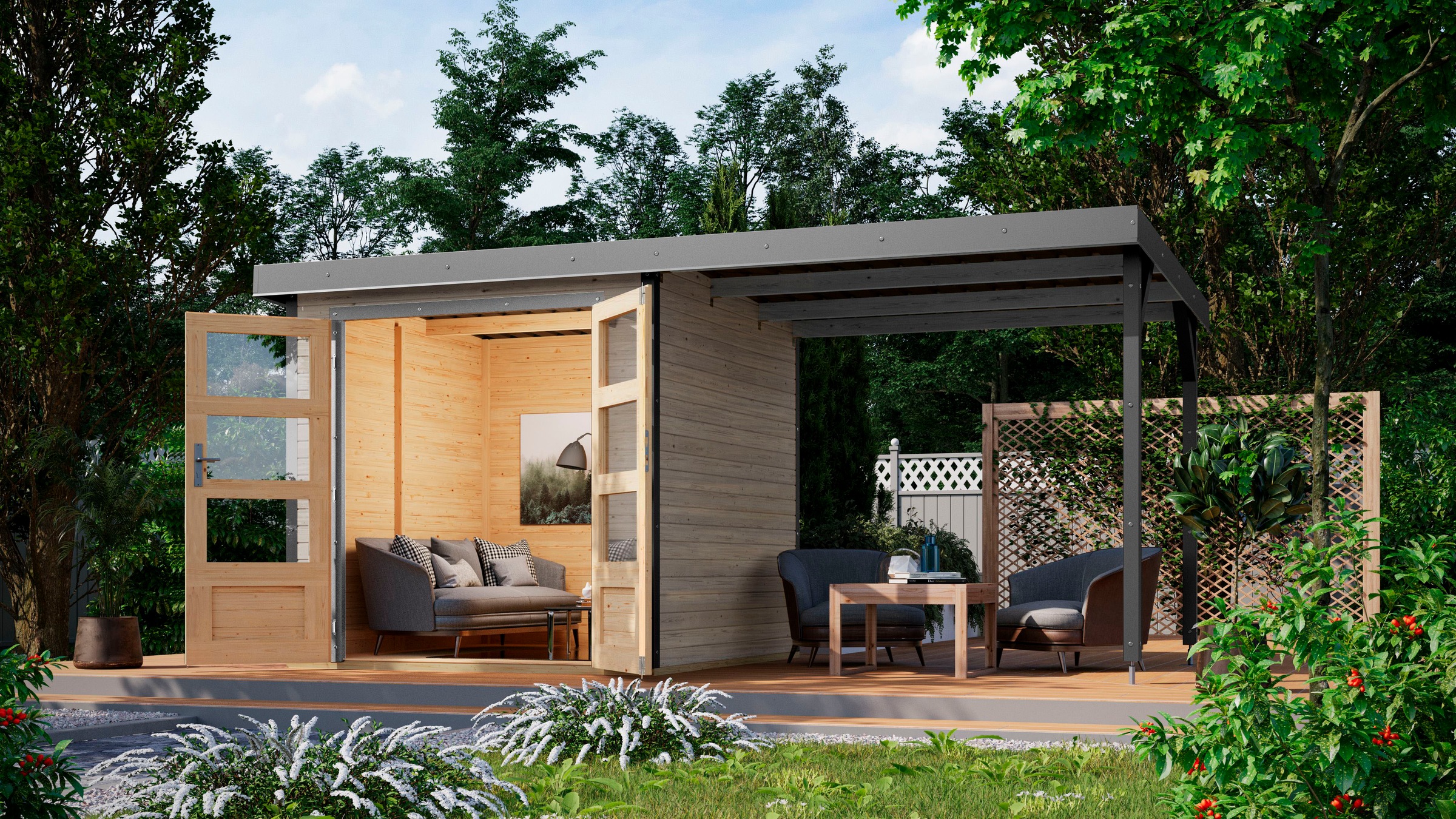 Karibu Gartenhaus »"Jupiter D SET"«, wassergrau/ staubgrau, mit Anbaudach