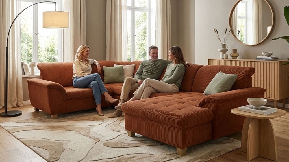 OTTO home Wohnlandschaft "Eggery 352 x 214 cm, auch mit Schlaffunktion & Bettkasten, Holzfüße" Kopfteile verstellbar, U-Form, aus Pet Friendly Cord