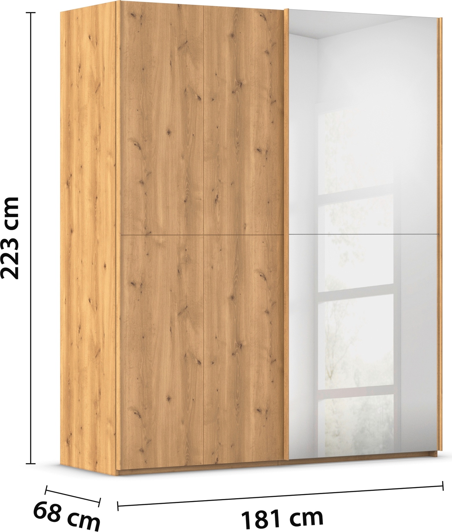 rauch Schwebetürenschrank »Kleiderschrank Schrank Garderobe Schlafzimmerschrank SCALE-WOOD«, edle geteilte Front in massiver Asteiche mit Spiegel MADE IN GERMANY