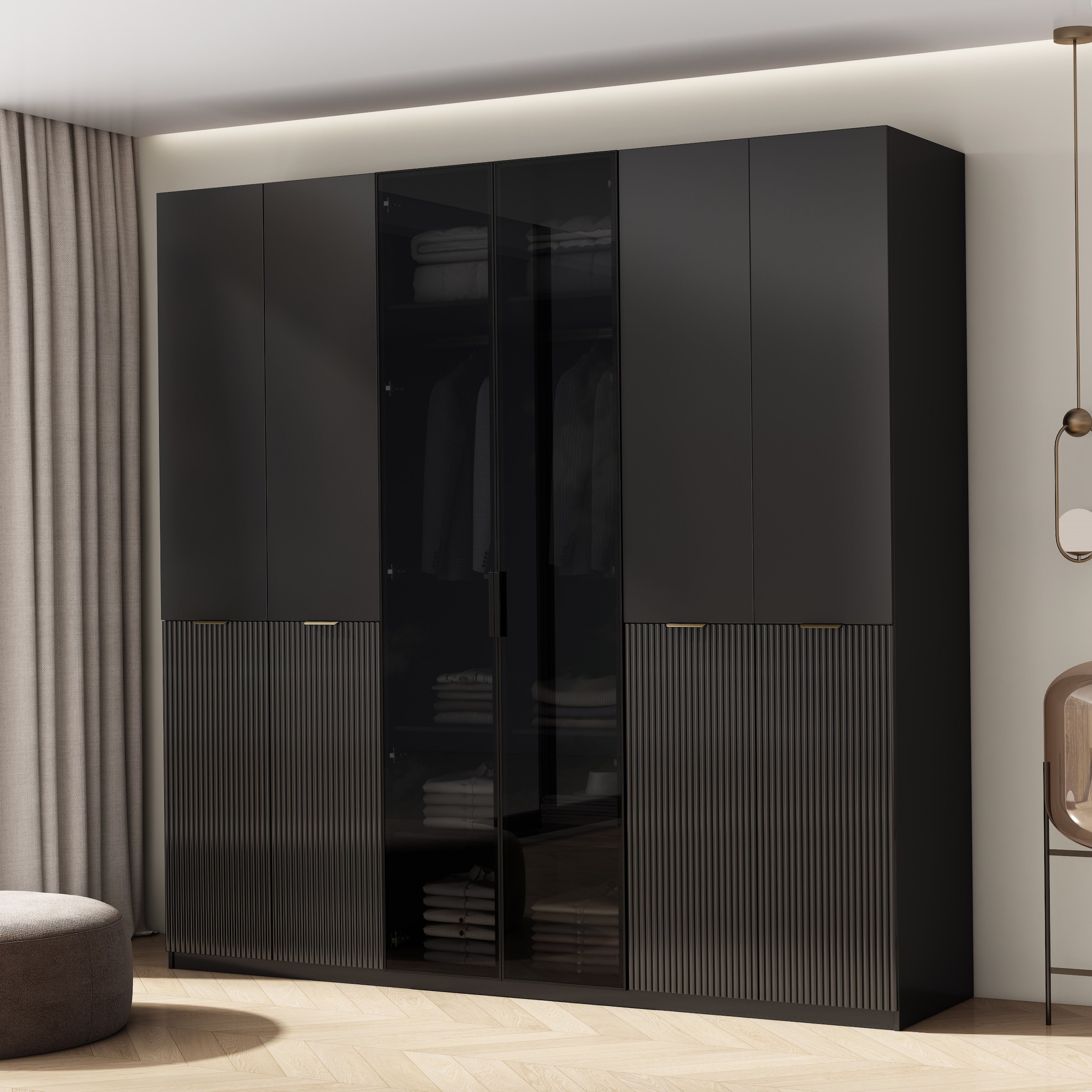 OTTO home Kleiderschrank »Jorella Schlafzimmerschrank Garderobe mit Softclose Türen Glastüren« eleganter Schlafzimmerschrank Rillendesign Trend Breite 241cm Grauglas