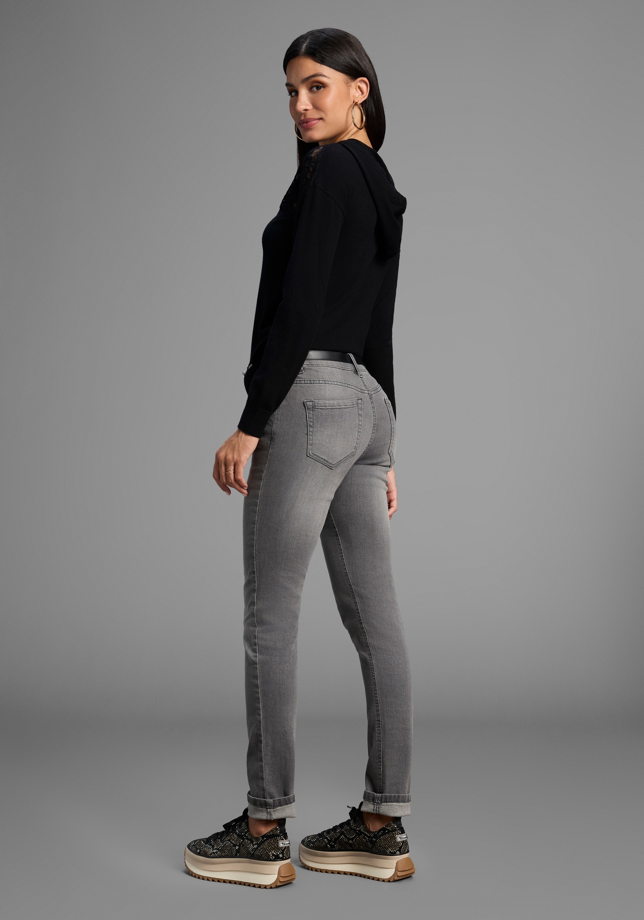 Slim-fit-Jeans ARIZONA "Bund mit seitlichem Gummizugeinsatz", Damen, Gr. 80, K + L Gr, grau (grau used), Denim/Jeans, Obermaterial: 98% Baumwolle, 2% Elasthan, Basic, slim fit lang, Jeans Slim-fit-Jeans, schmale Passform, Röhrenjeans, Used-Waschung, hohe  3