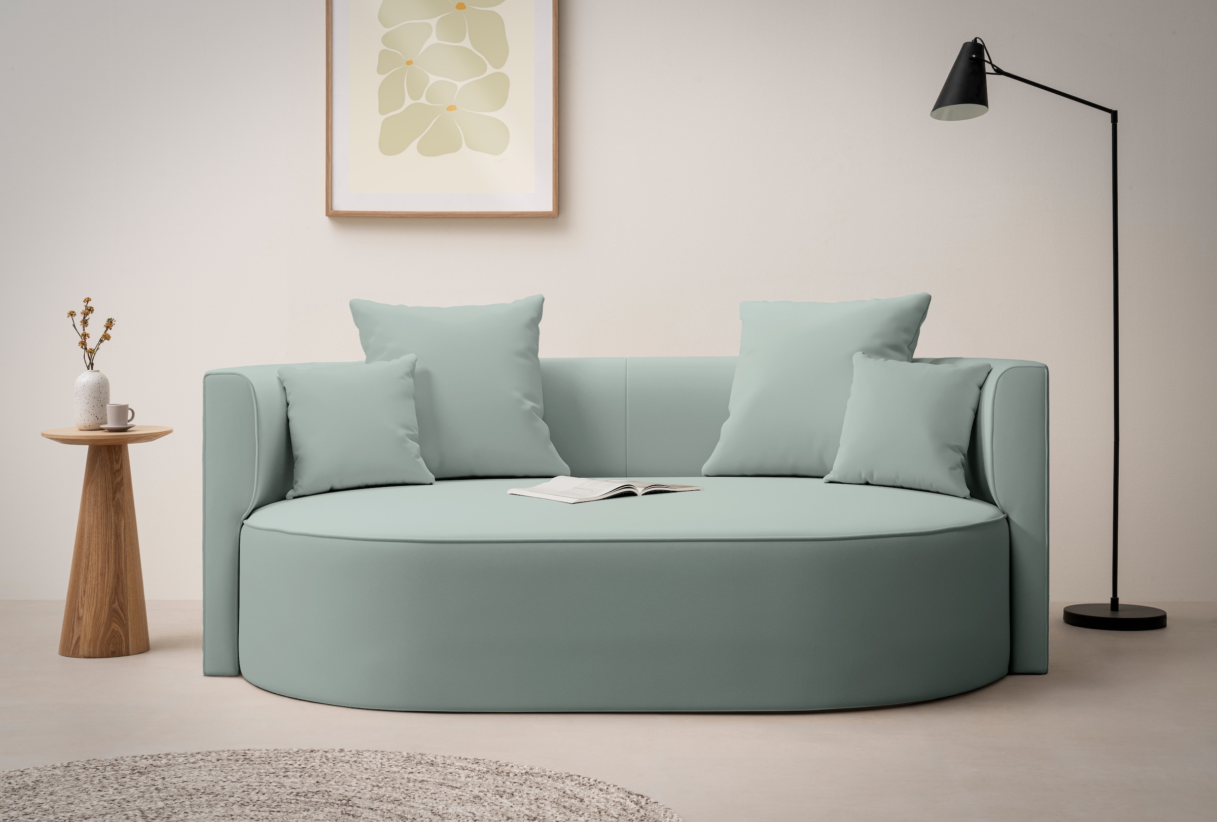 LeGer Home by Lena Gercke 2,5-Sitzer »ISALIE, rundes Loungesofa, mit Kissen, perfekt gepolstert«, moderne Stoffe, mit 4 Zierkissen, extra große Sitzfläche