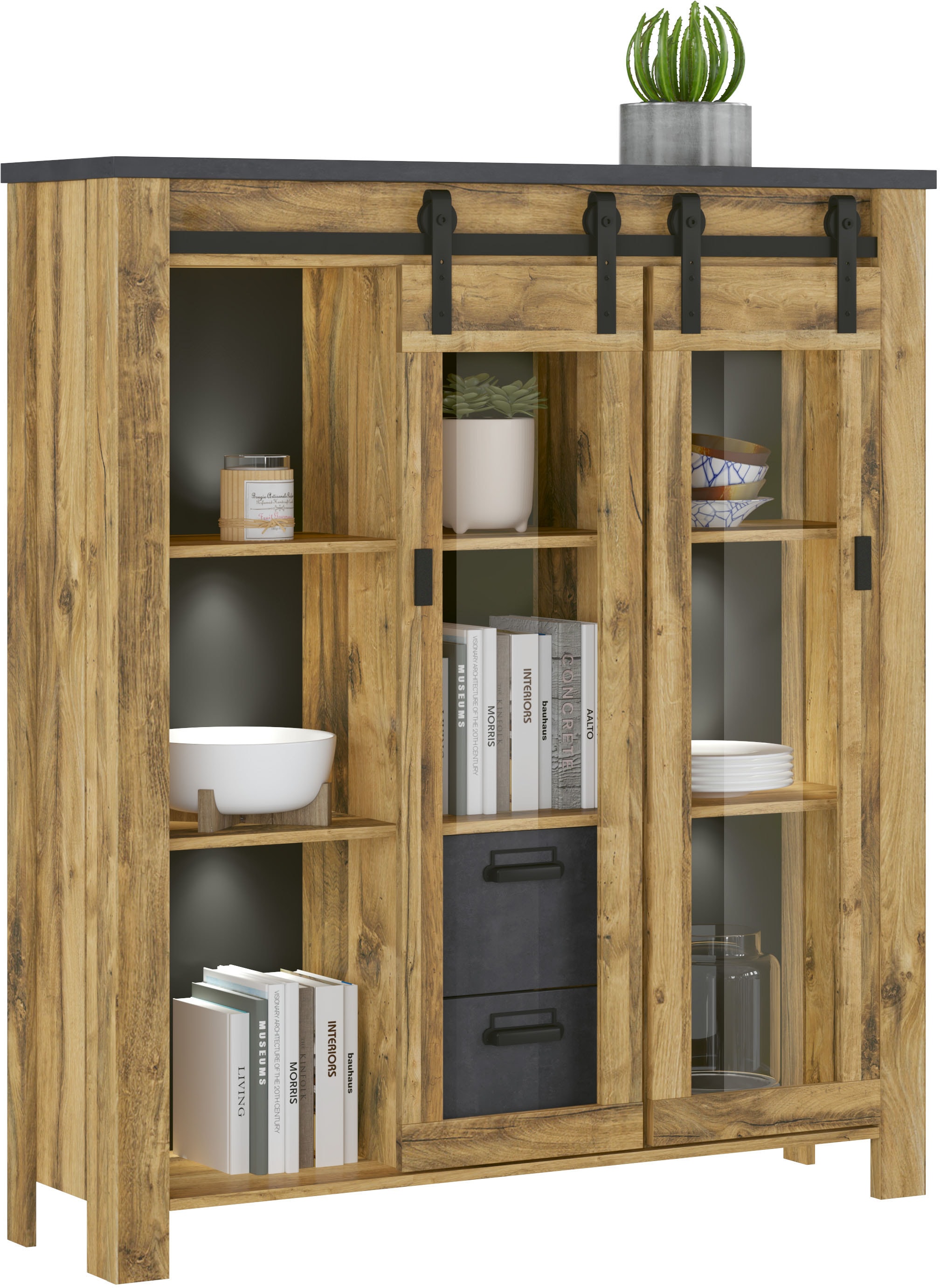 Home affaire Highboard »York, moderner Hochschrank, Vitrine in Hunton Oak, Industrialdesign«, mit Scheunentorbeschlägen & Apothekergriffen aus Metall, 150 cm hoch
