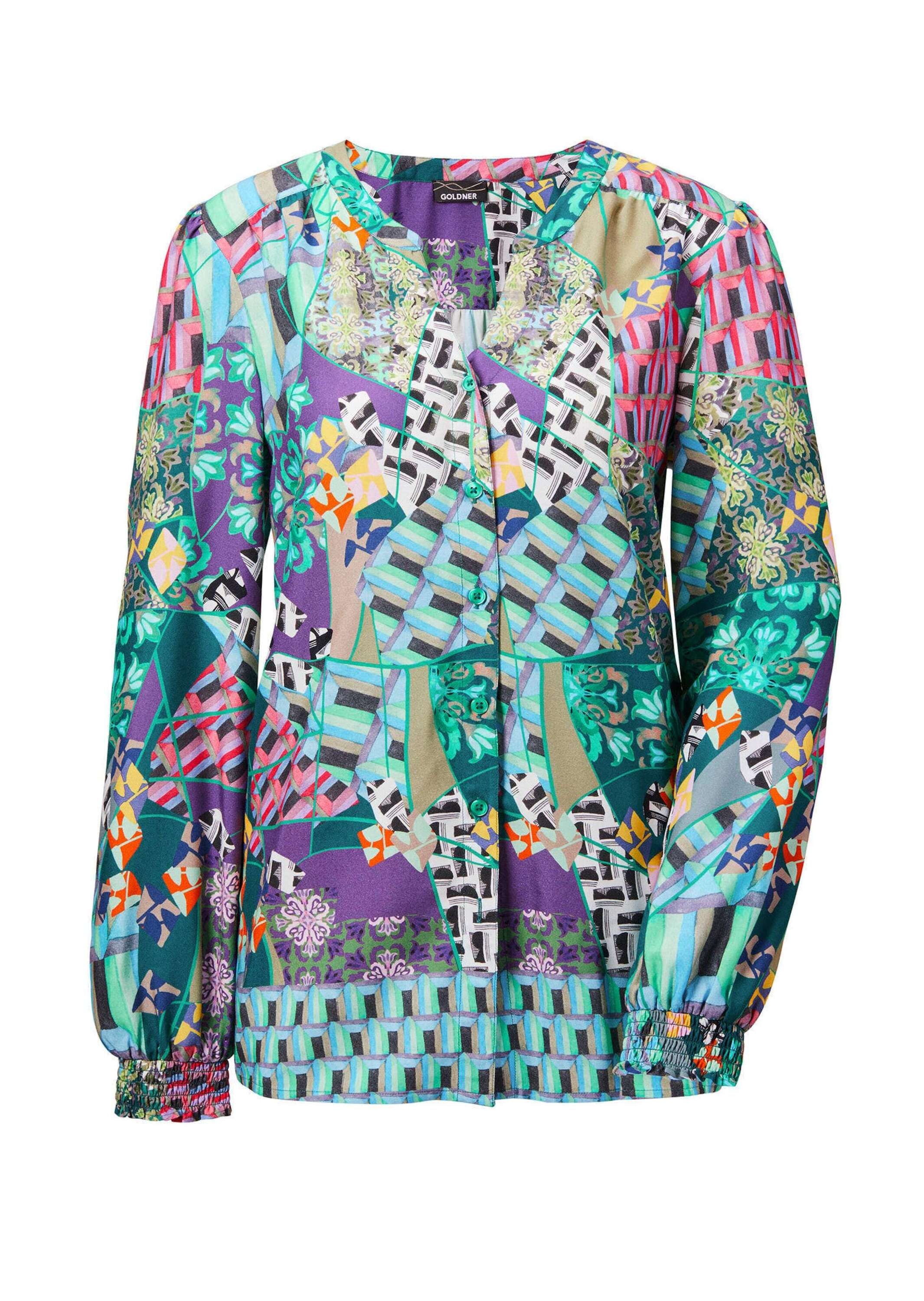 GOLDNER Klassische Bluse "Kurzgröße Patchworkbluse mit Rundhals, V-Schlitz" günstig online kaufen