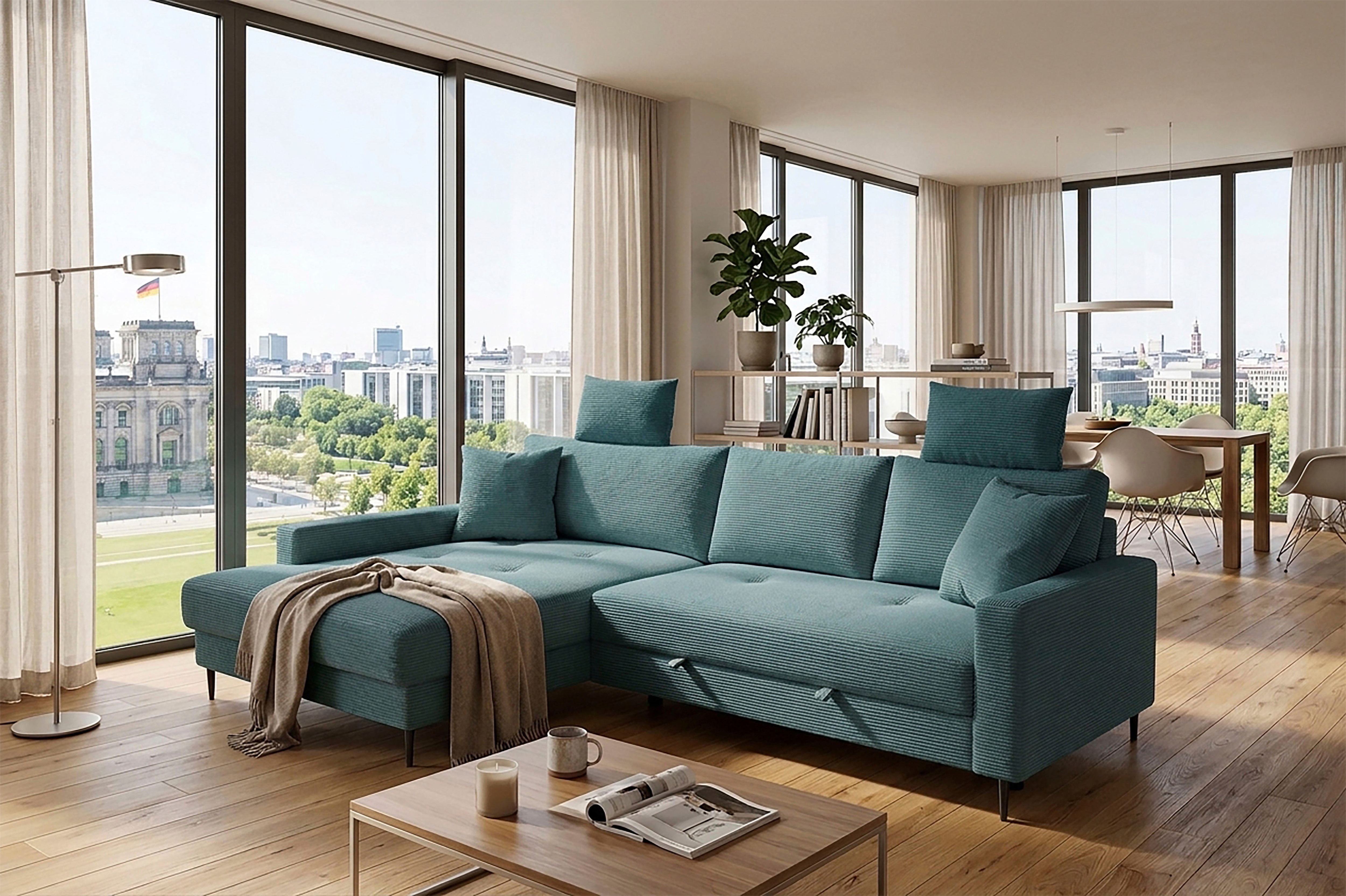 Trends by HG Ecksofa "Summer L-Form, B: 284 cm, Schlaffunktion, 2 Zierkissen" mit Kopfstützen, Wellenfederung, frei stellbar