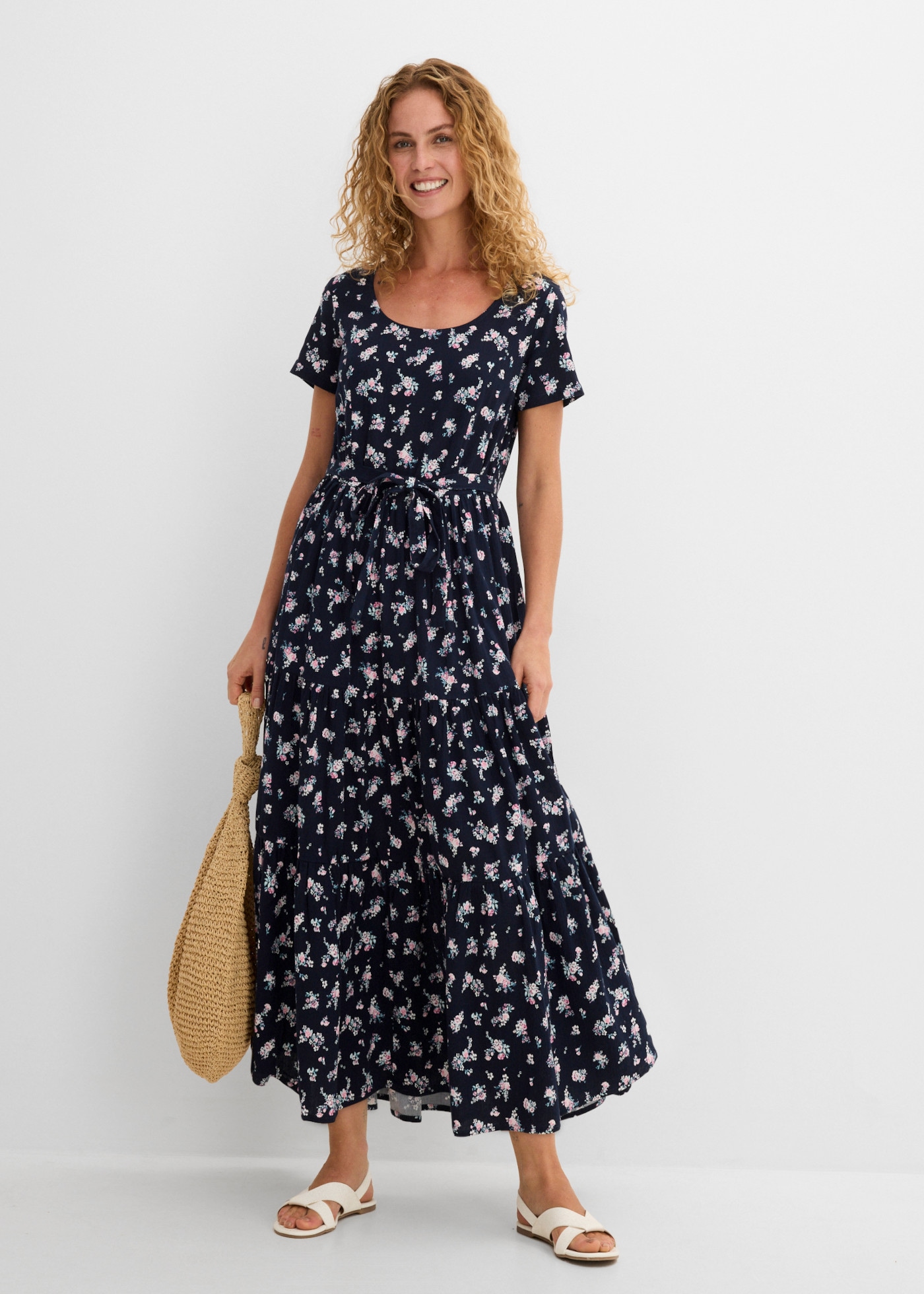 bonprix Maxikleid aus reiner Baumwolle, Loose Fit, Kurzarm-Design, mit Allover-Muster