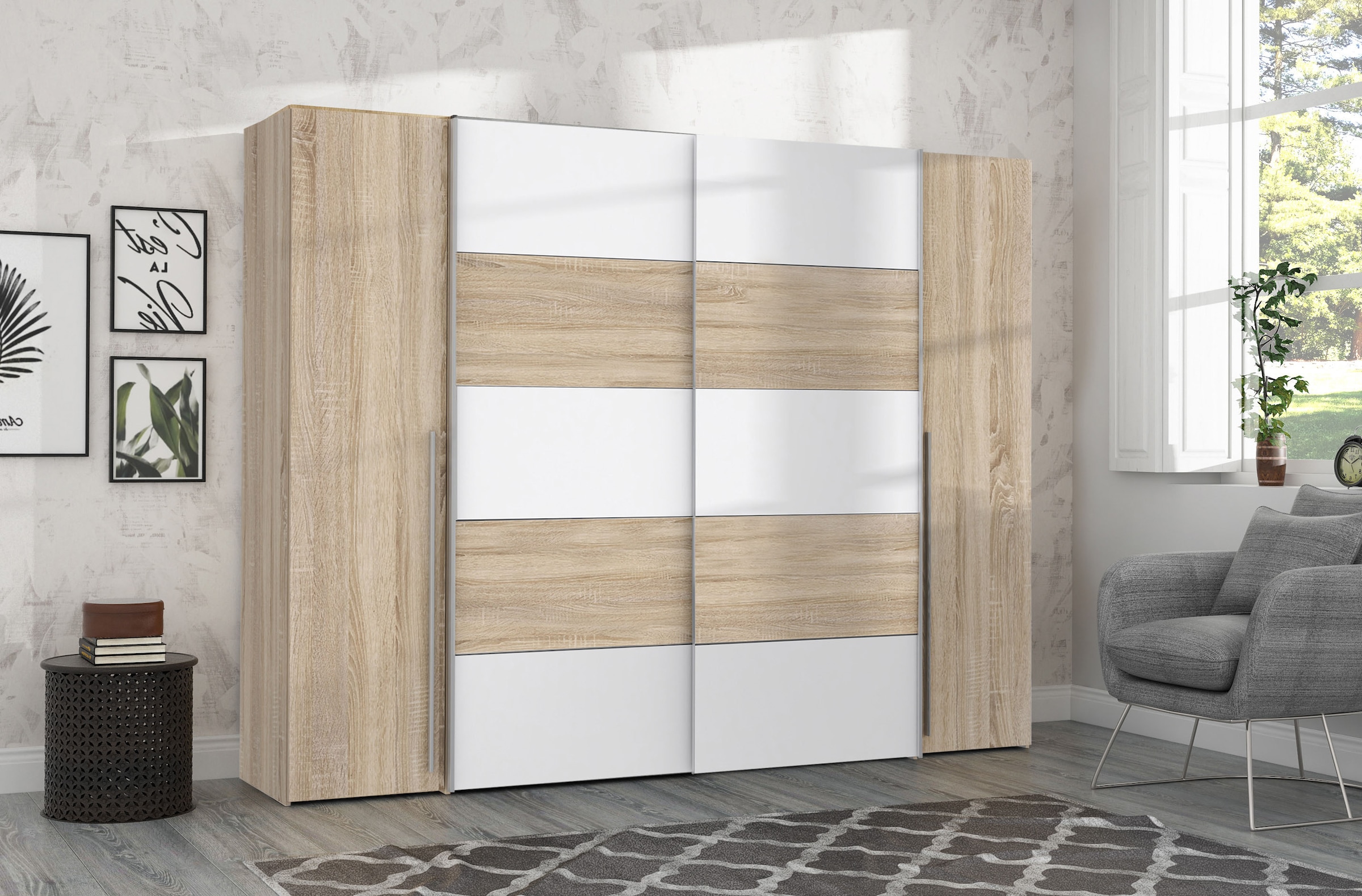 FORTE Dreh-/Schwebetürenschrank »Narago, TOPSELLER zum TOP Preis! In verschiedenen Farben«, (Farbe Weiß auch mit Spiegeln erhältlich), mit zahlreichen Einlegeböden, viel Stauraum, Made in Europe