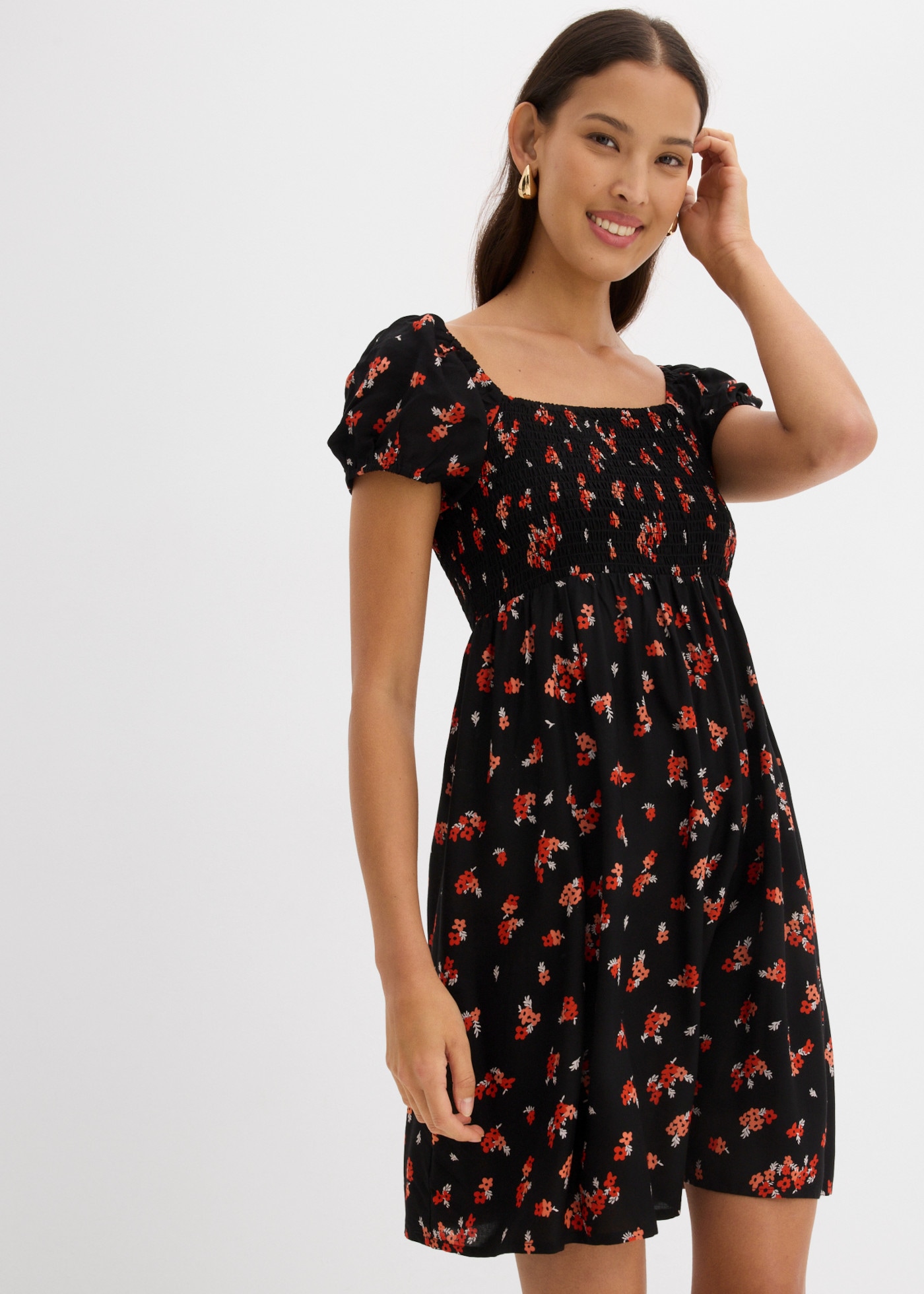 bonprix Minikleid eleganter Stil, figurbetonte Passform, mit Smok-Details, aus Viskose