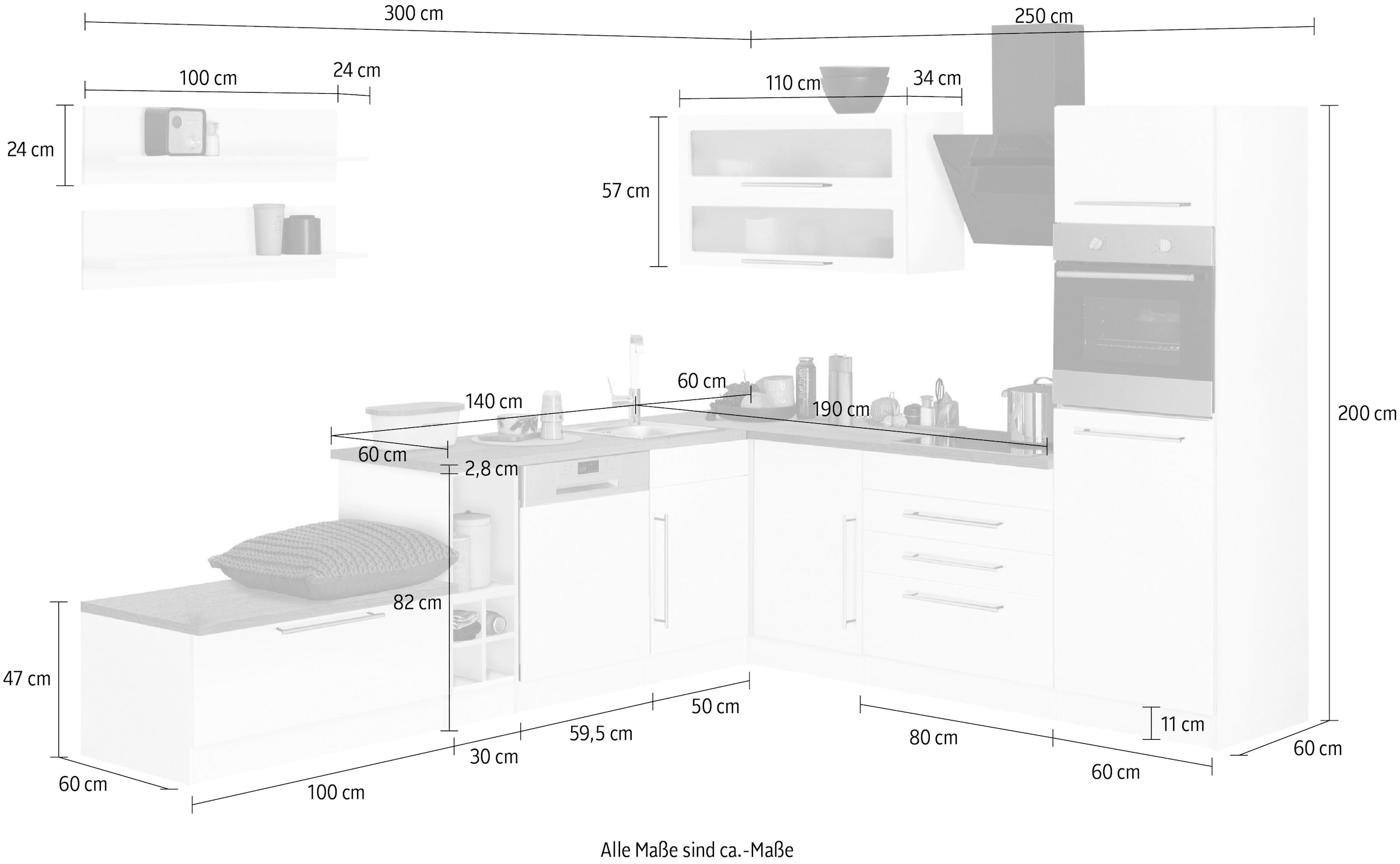 HELD MÖBEL Winkelküche »Samos«, mit E-Geräten, Stellbreite 300 x 250 cm  kaufen | BAUR | L-Küchen