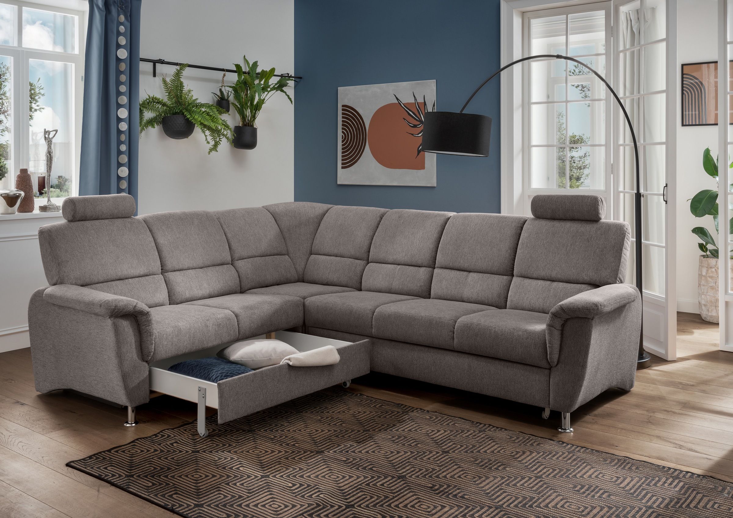 Home affaire Ecksofa »Pisa L-Form, mit Schlaffunktion, Stauraum, 2x höhenverstellbare«, Kopfstützen und Relaxfunktion im Eckelement