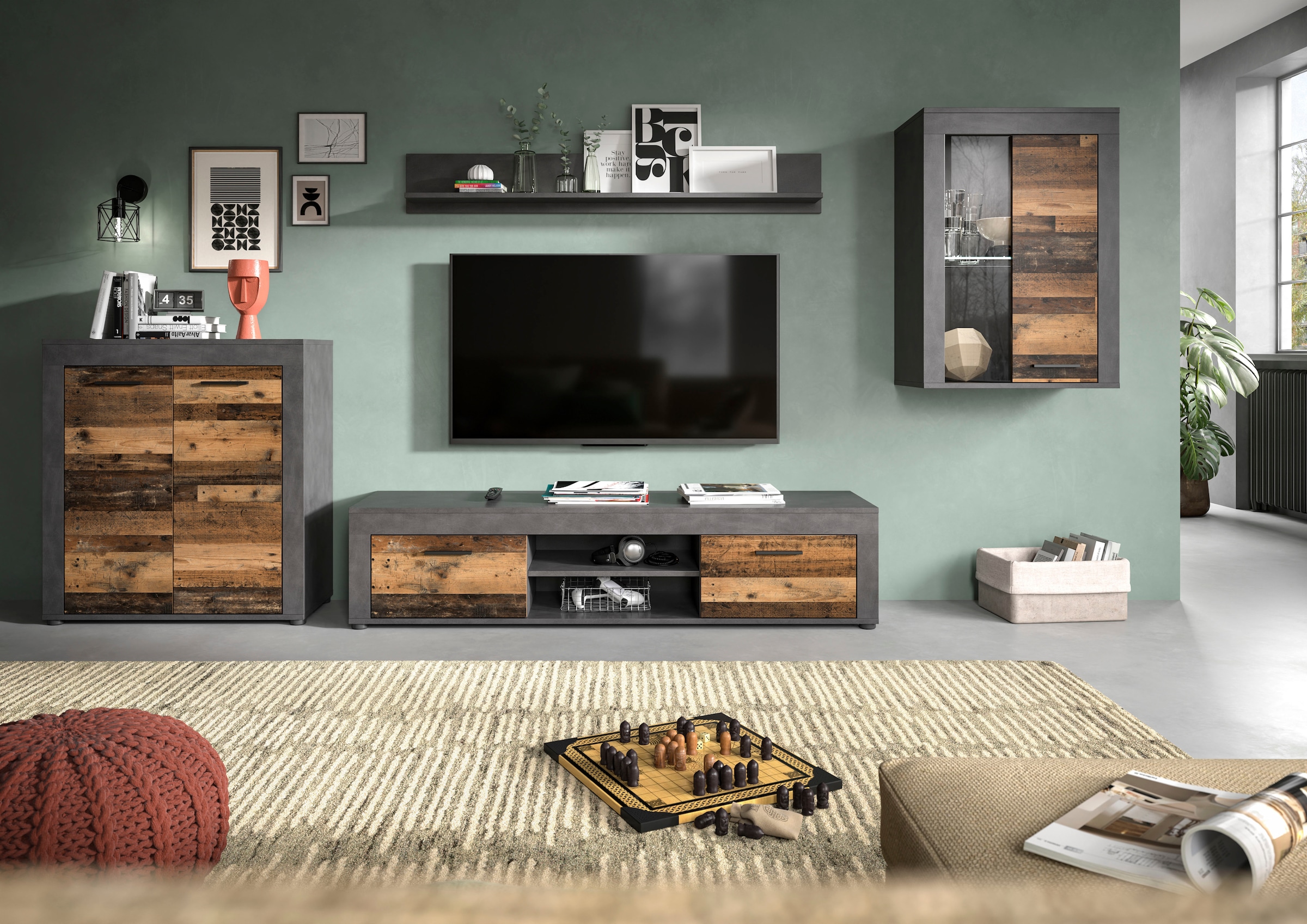 INOSIGN Wohnwand »Aosta, 4-tlg., best. aus: Highboard, Lowboard, Wandboard & Vitrine«, (4 St.), Wohnwand, Kombination, Anbauwand, Möbel Set, Schrankwand, Möbel Kombi