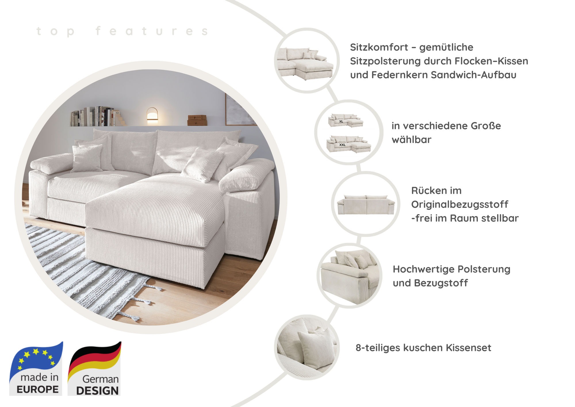 Thumbnail - Home affaire Ecksofa "Soft&Cosy XXL L-Form, B: 303 cm" Mega-Sofa, Cord oder Chenille-Struktur, mit Federkern & 4 Zierkis...