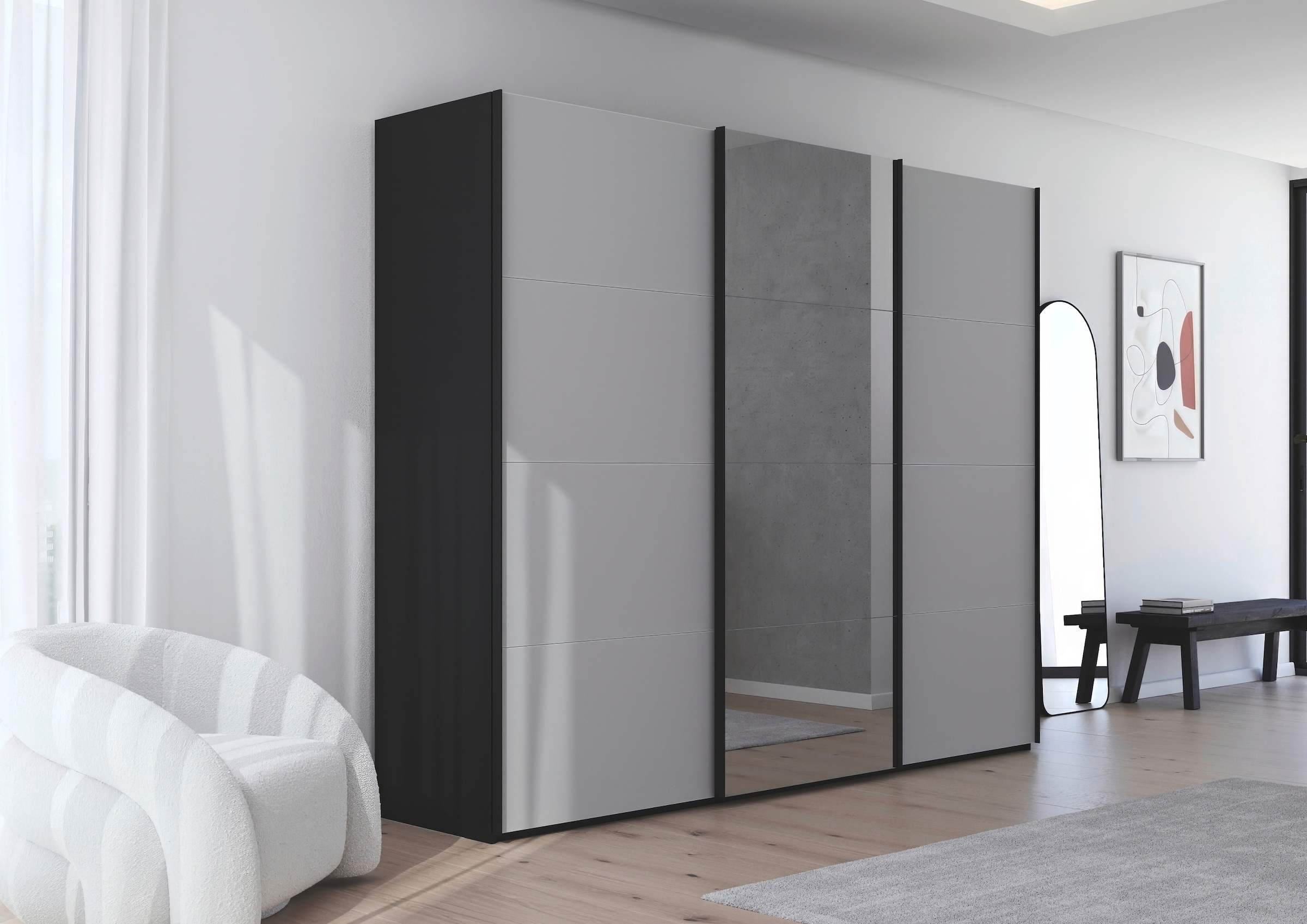rauch Schwebetürenschrank »Kleiderschrank Schrank Garderobe Schlafzimmerschrank SCALE-FYRA«, edle viergeteilte Türen Spiegel/Glas-Mix viele Farben MADE IN GERMANY