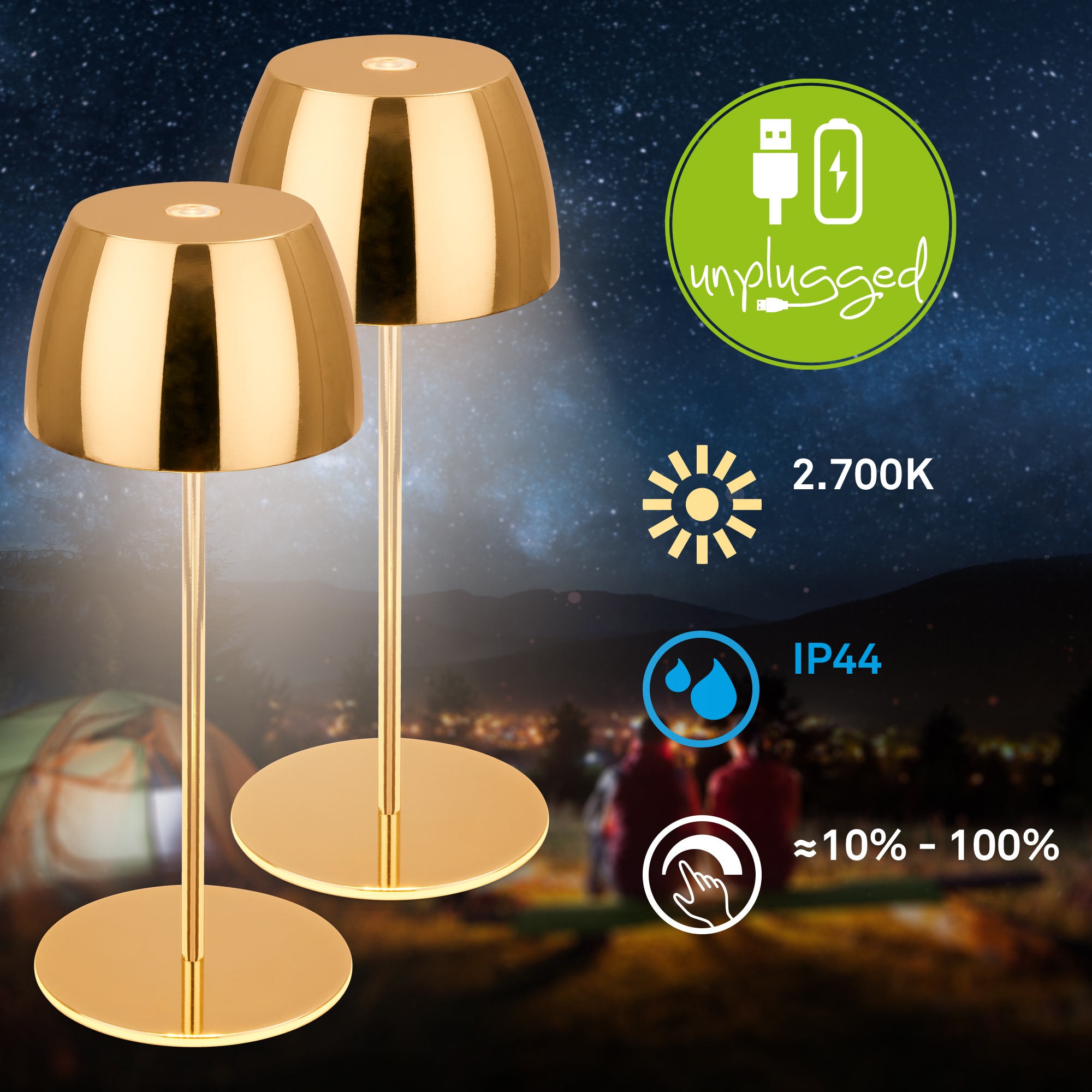 Briloner Leuchten LED Außen-Tischleuchte »SERINA MINI« LED-Modul 2 Stk. Warmweiß kabellos 20 x 8 cm Goldfarbig 2,5W Wohnzimmer Schlafzimmer 2er-Set