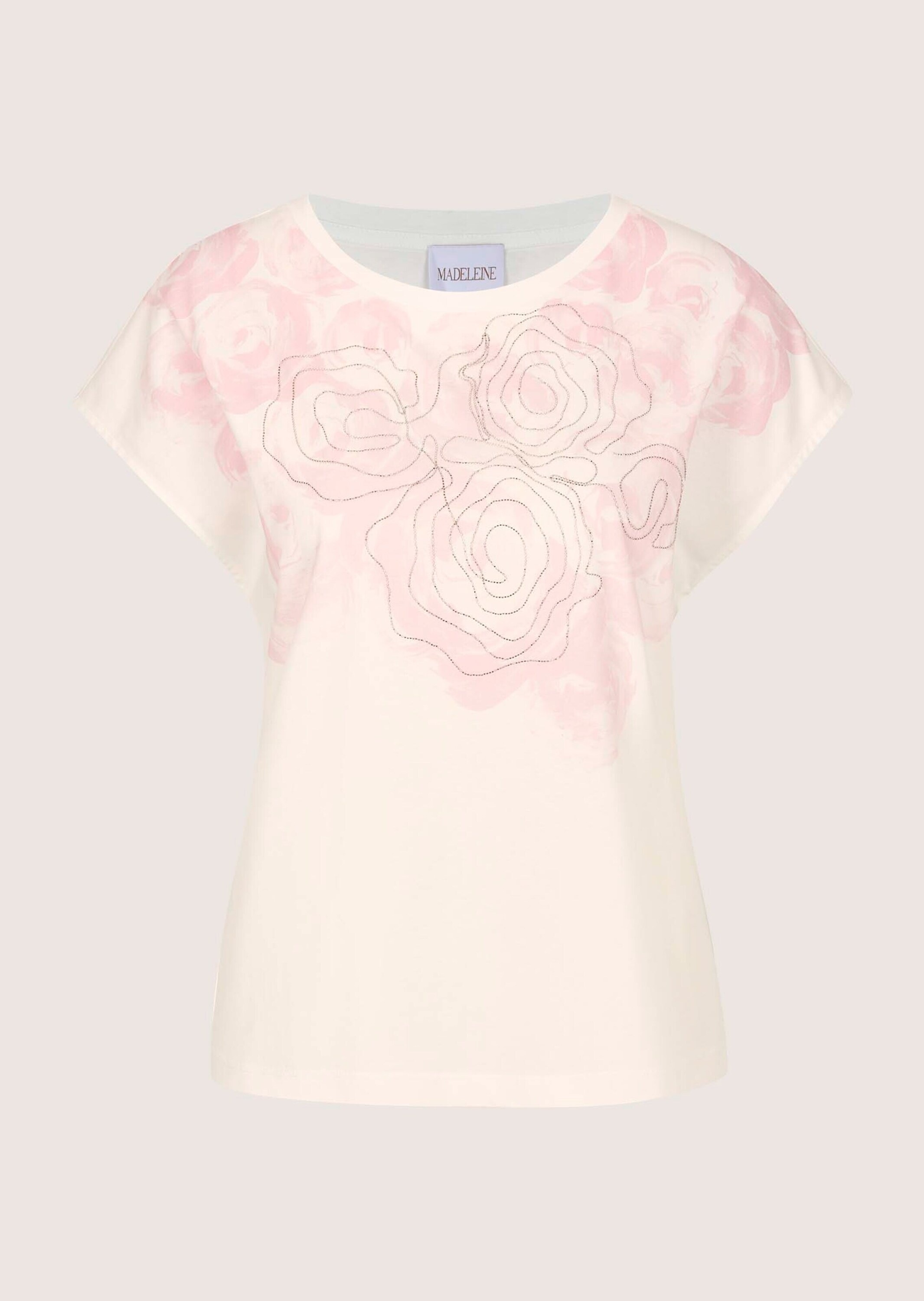 MADELEINE Damen Kurzarmshirt "Blusenshirt Florales Print-Shirt, Rundhals und Kurzarm"wollweiß, perlrosa, Modern, Gr. 44, Obermaterial: 100% Baumwolle