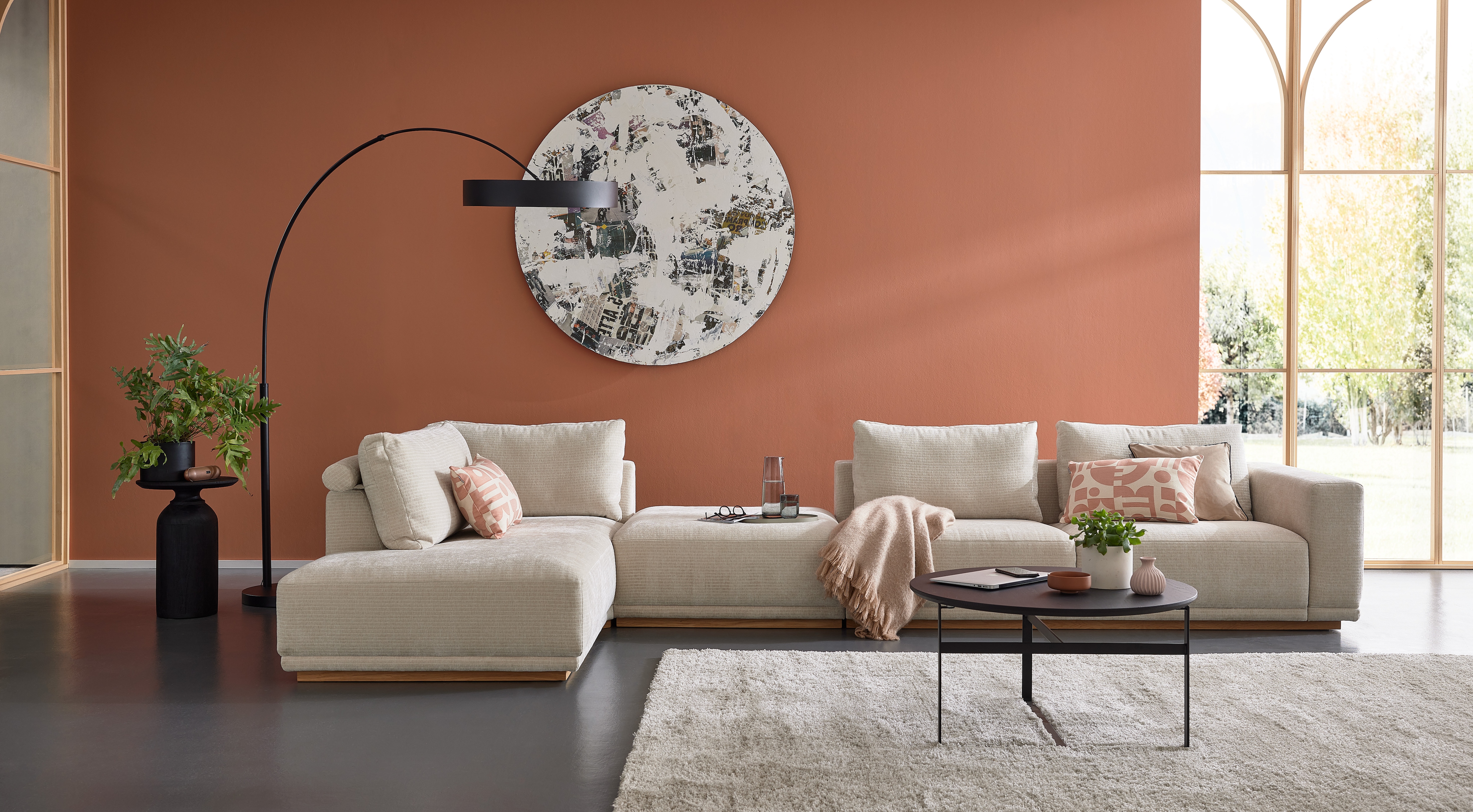 Musterring Wohnlandschaft "JustB PM200 bequem, wahlw. Sitzvorzug, Breite 395cm, Holzsockel" Anreihsofa Armlehne rechts, Eckteil links & Hocker. Elekt. Sitzvorzug