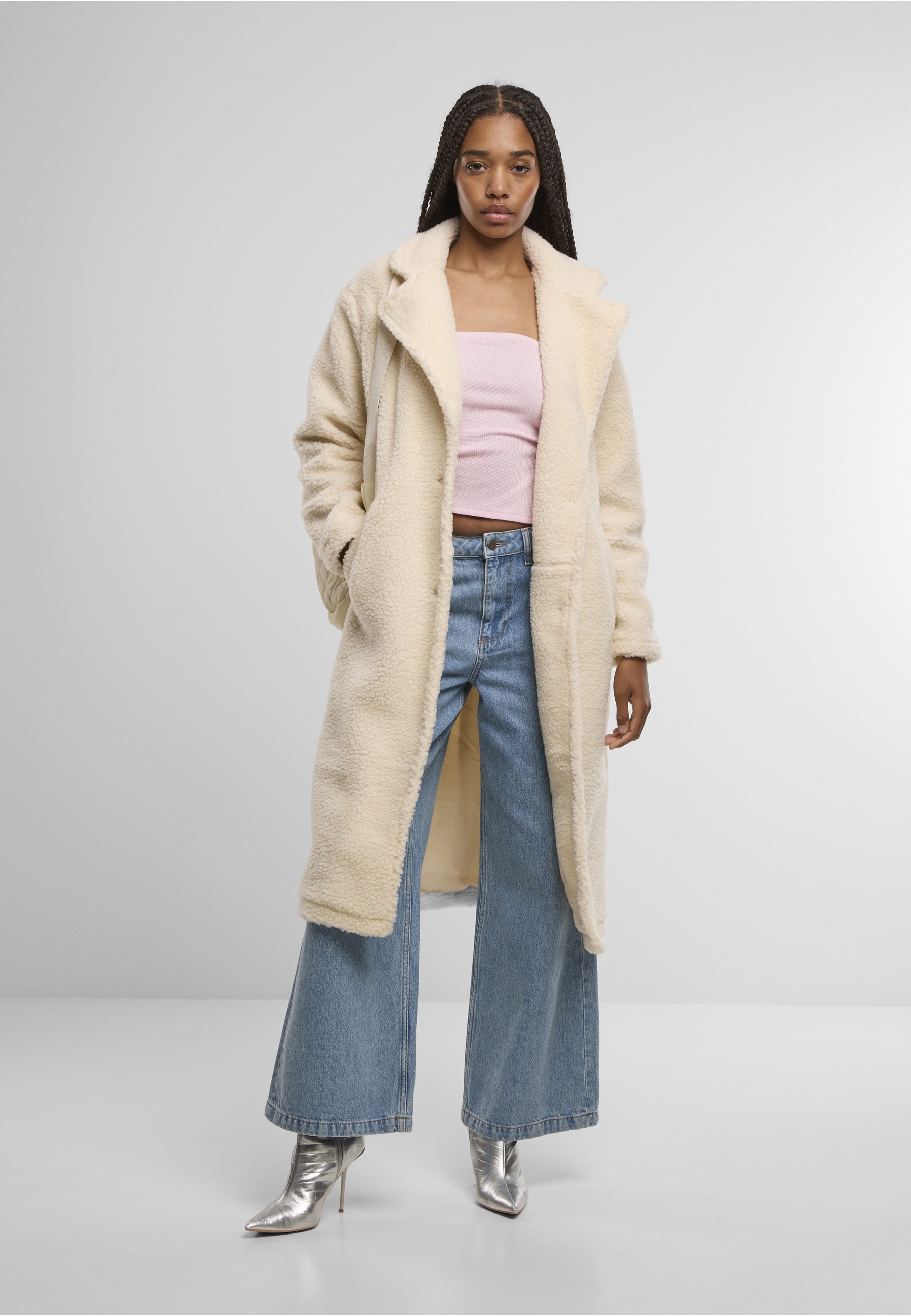 URBAN CLASSICS Winterjacke »Urban Classics Ladies Teddy Long Coat« 1 Stk. tlg. ohne Kapuze