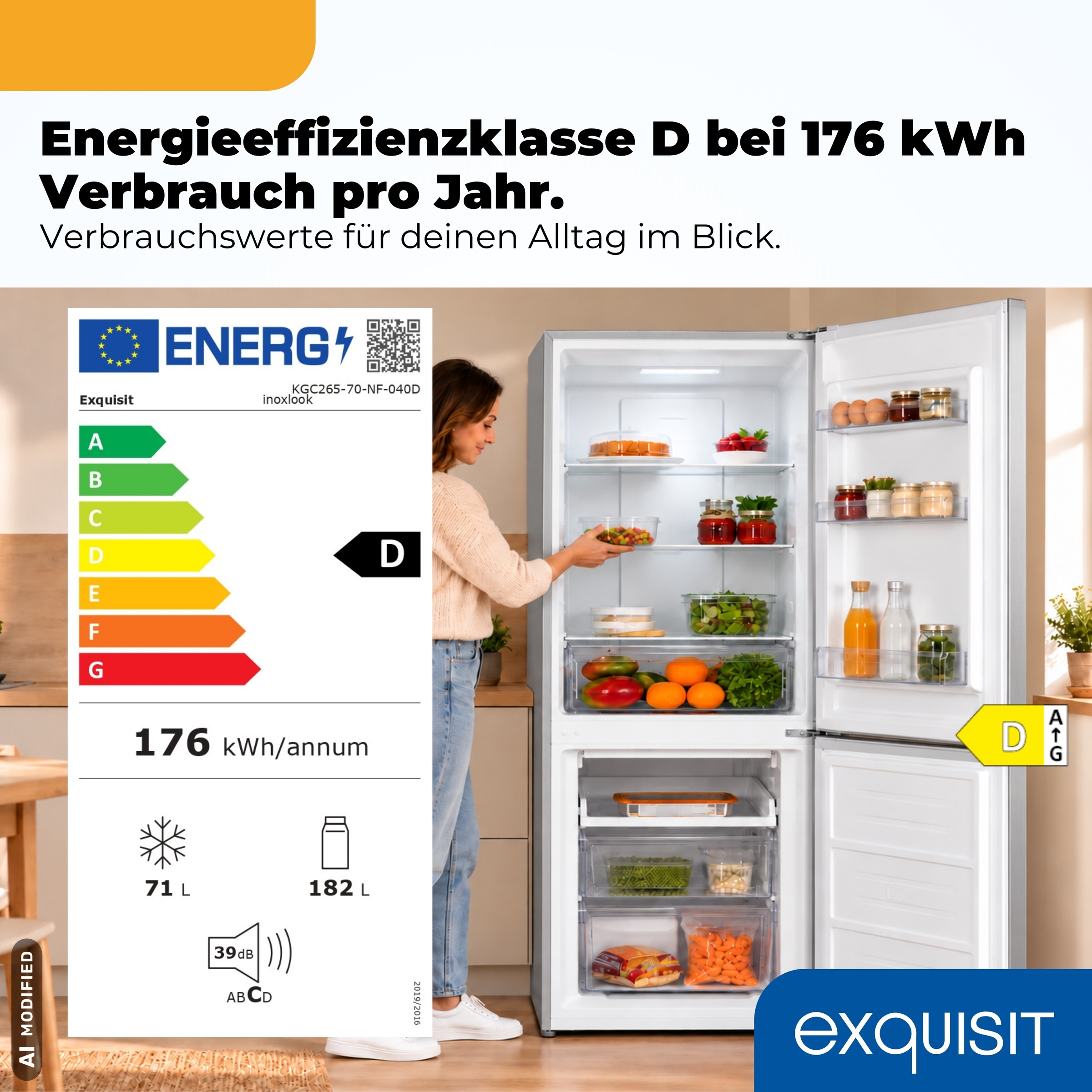 exquisit Kühl-/Gefrierkombination »KGC265-70-NF-040D inoxlook« 180,5 cm hoch 54,5 cm breit NoFrost-Technologie, 4-Sterne-Gefrierfach & praktisches Gefriertablett