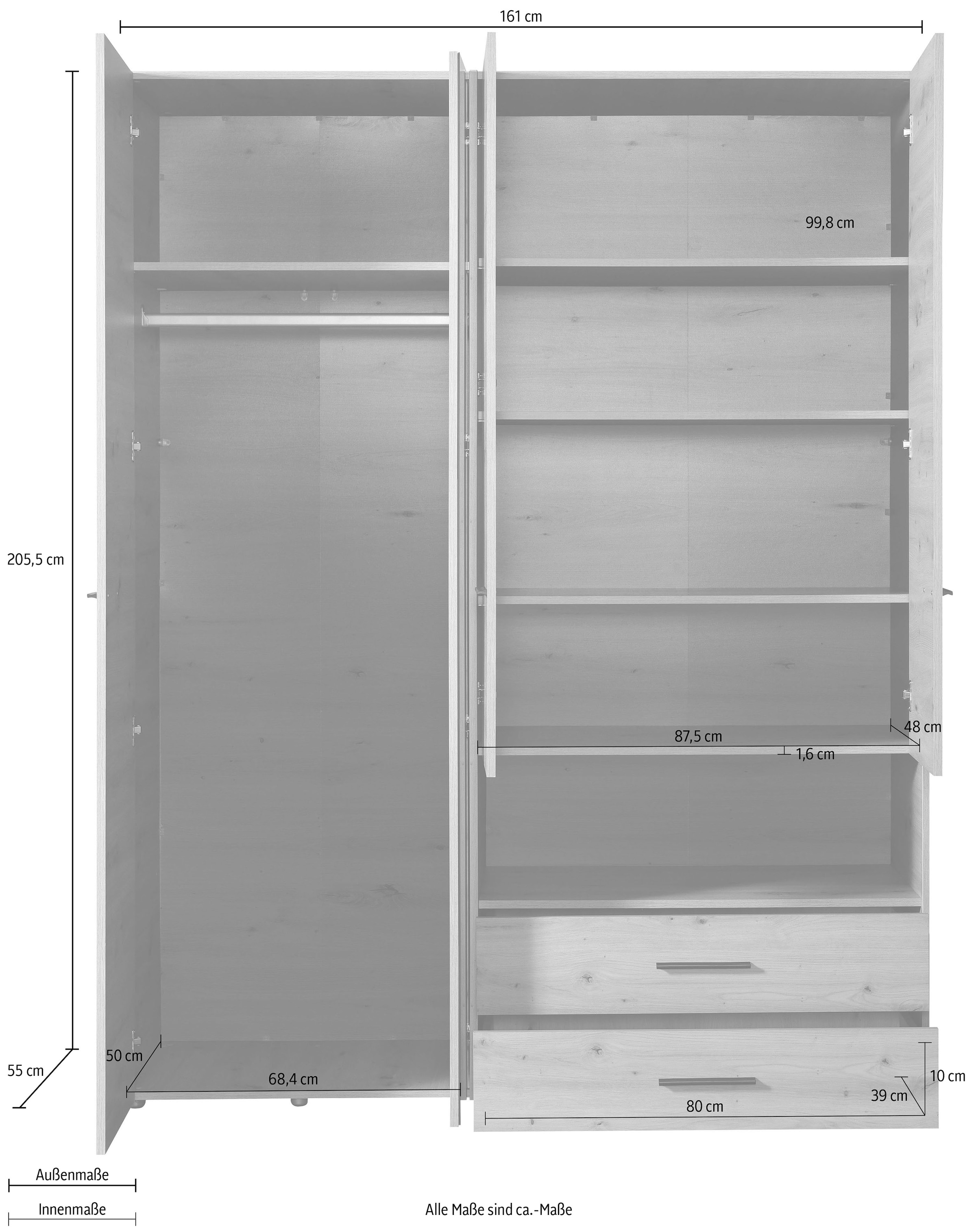 INOSIGN Kleiderschrank »Leon, FSC® -zertifiziertem Holzwerkstoff«, mit Spiegel, Innenausstattung und 2 Schubladen, 127,5x55x205,5cm