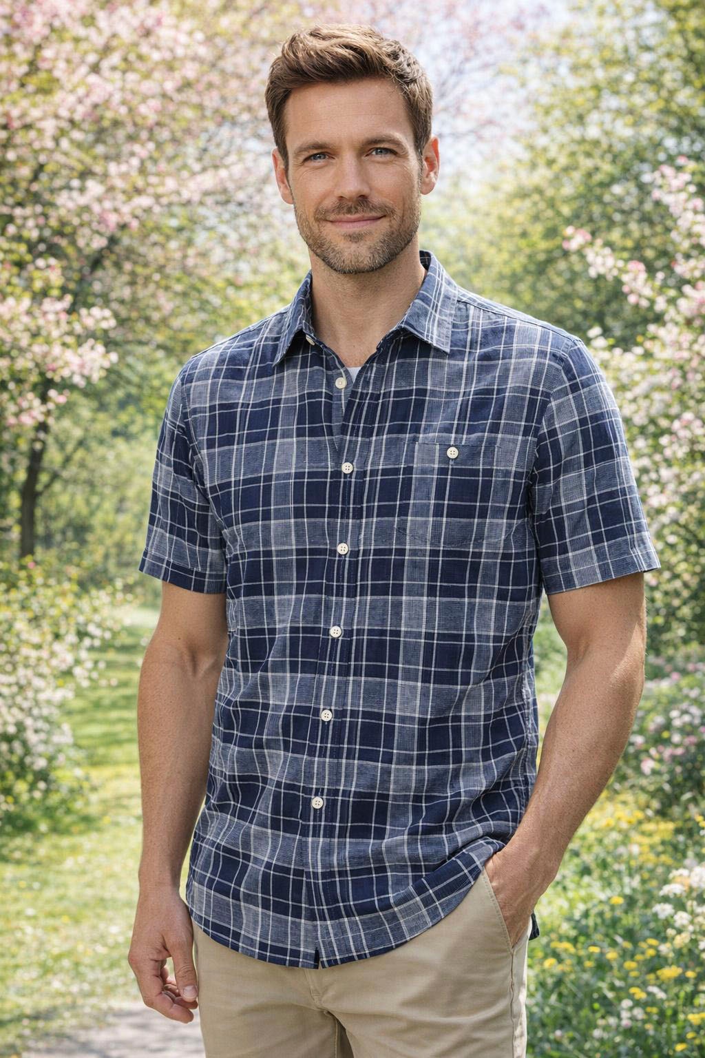 Mans World Karohemd "in Crinkleoptik" Kurzarm, für Frühling und Sommer, aus Baumwolle, bequeme Passform
