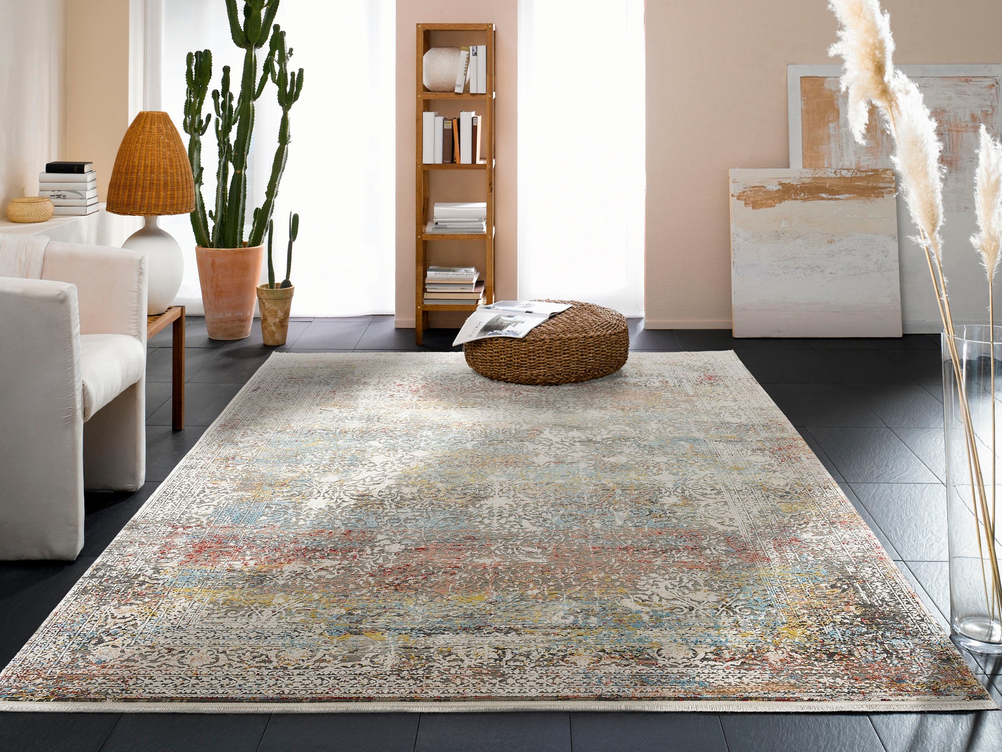 Teppich OCI DIE TEPPICHMARKE "BESTELLER CAVA", bunt (multi), B:200cm H:8mm L:250cm, Viskose, Teppiche, Teppich, Glanz Viskose, mit Fransen, Hoch Tief Struktur, Vintage, Wohnzimmer