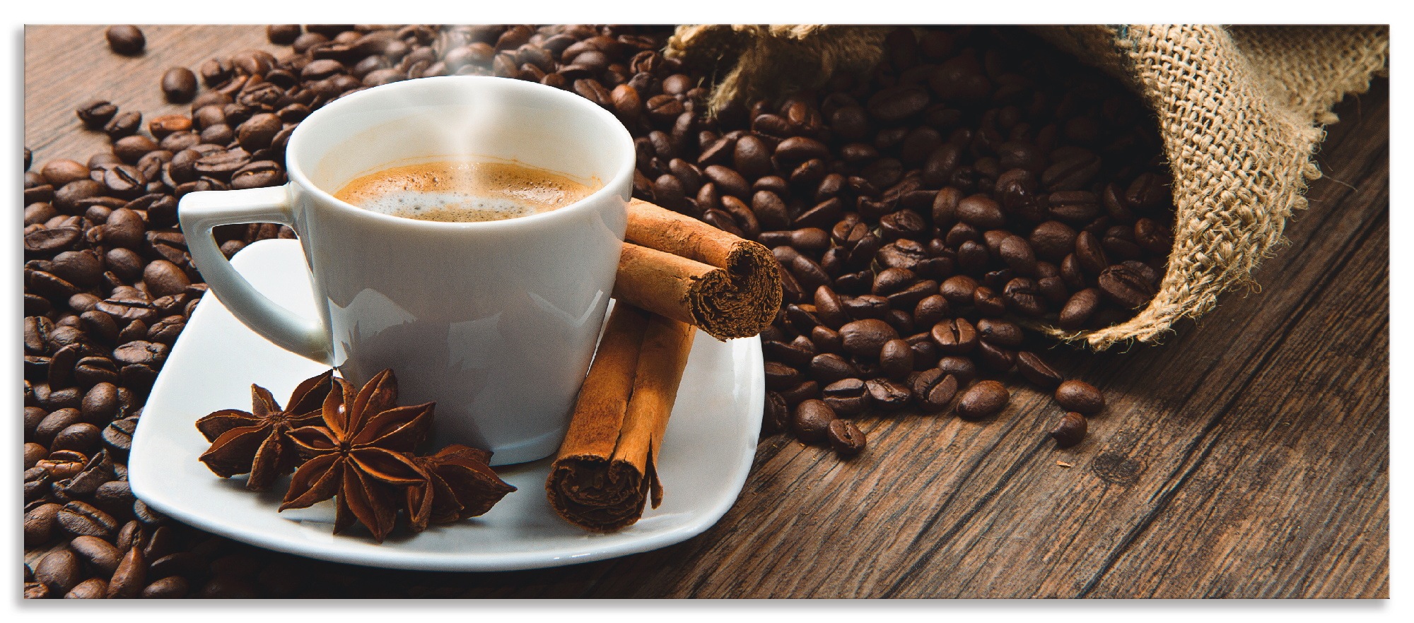 Artland Küchenrückwand »Kaffeetasse Leinensack mit Kaffeebohnen«, (1 tlg.), Alu Spritzschutz mit Klebeband, einfache Montage