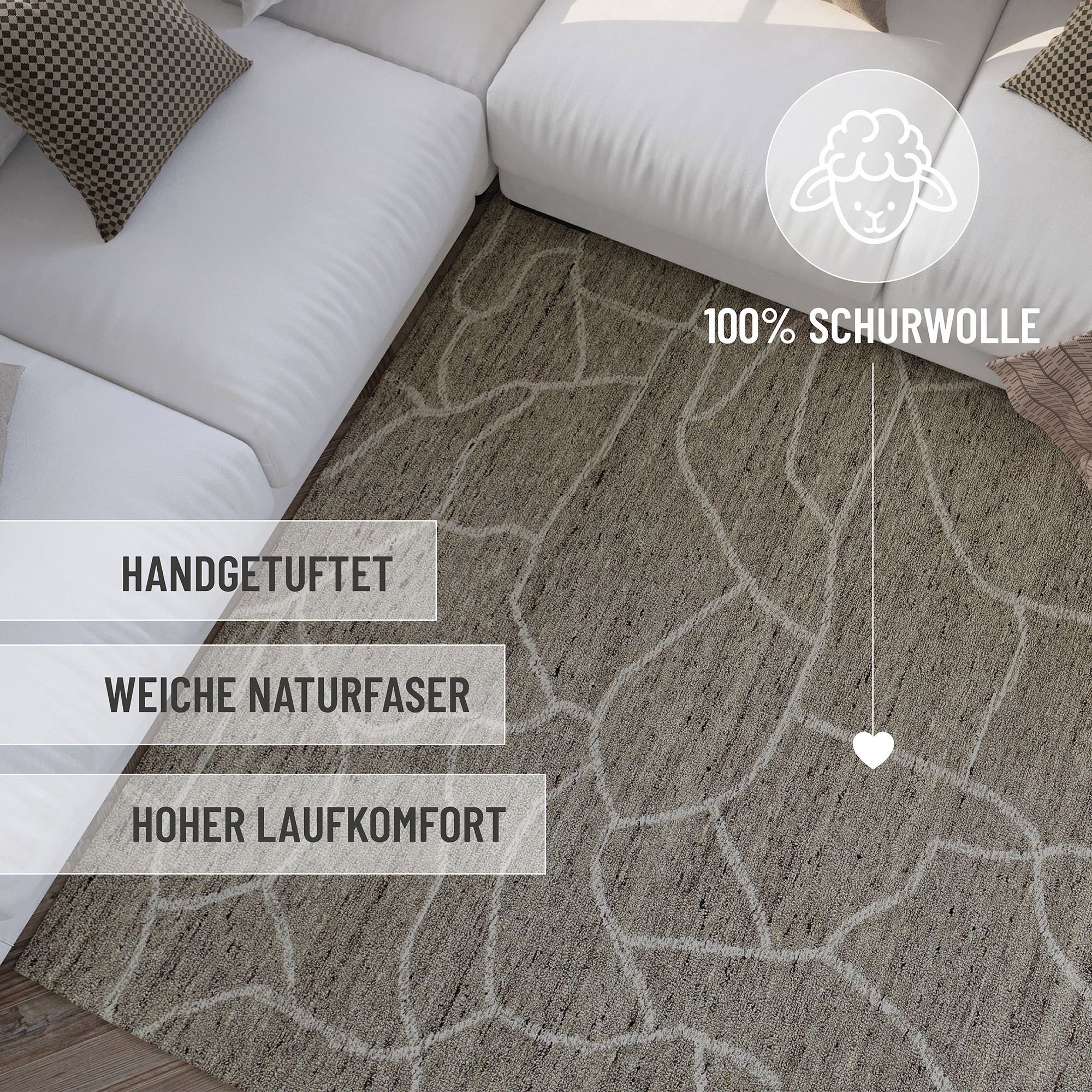 Wecon home Wollteppich »Hamptons FORTYONE«, rund, 15 mm Höhe, Schurwolle, Kurzflor, Wohnzimmer, elegant, robust, Stein-Muster