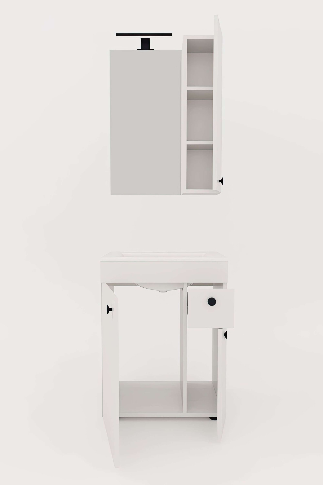 welltime Badmöbel-Set »Badmöbel-Set Braga, Schrank mit Waschbecken, Hängeschrank und Spiegel«, WBU mit Wachbecken und Hängeschrank inkl. LED-Beleuchtung, Spiegel