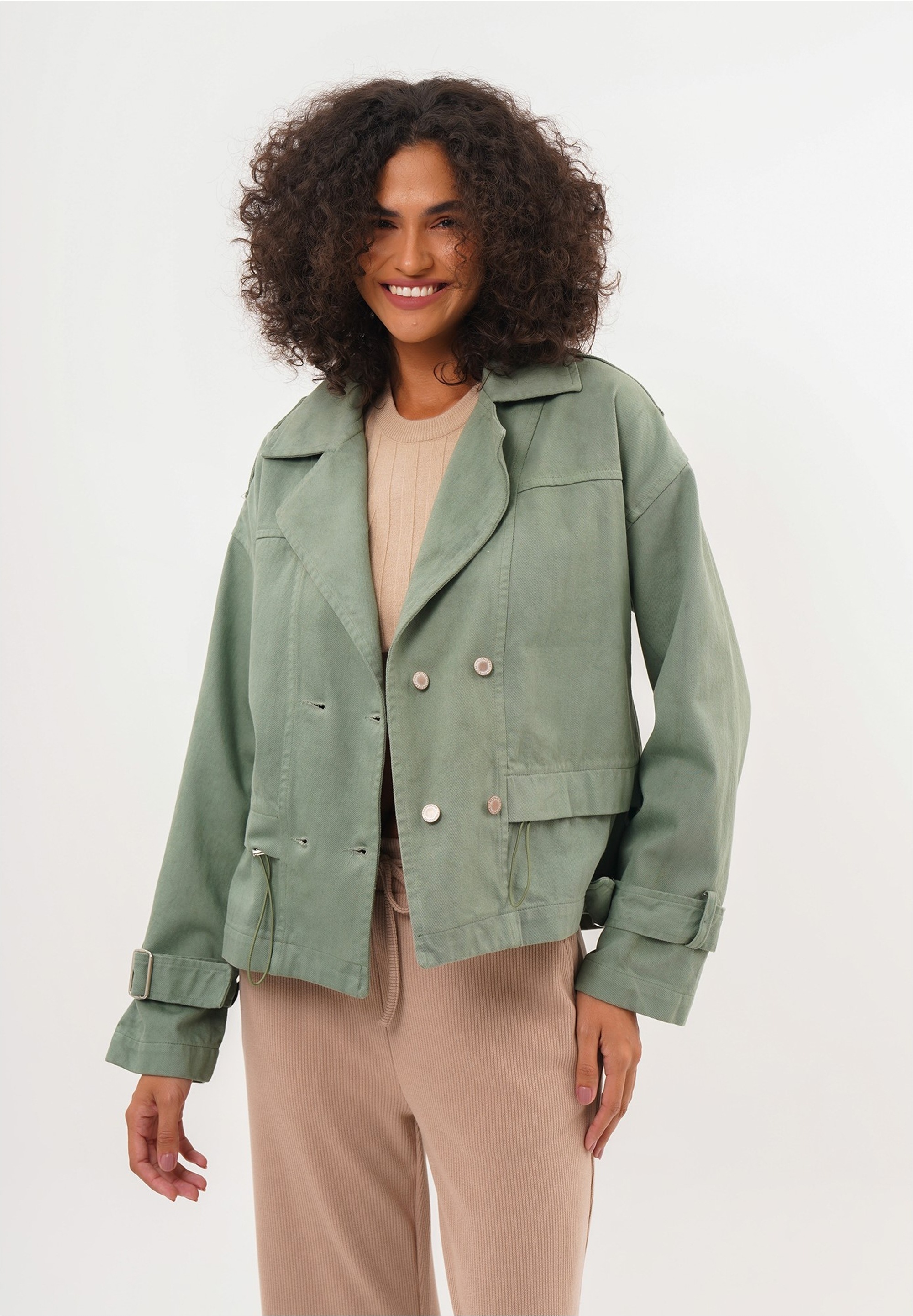 Trenchcoat FRESHLIONS "Helena", Damen, Gr. L, braun (khaki), 100% Baumwolle, unifarben, normal, Mäntel, mit stylischem Reverskragen 3