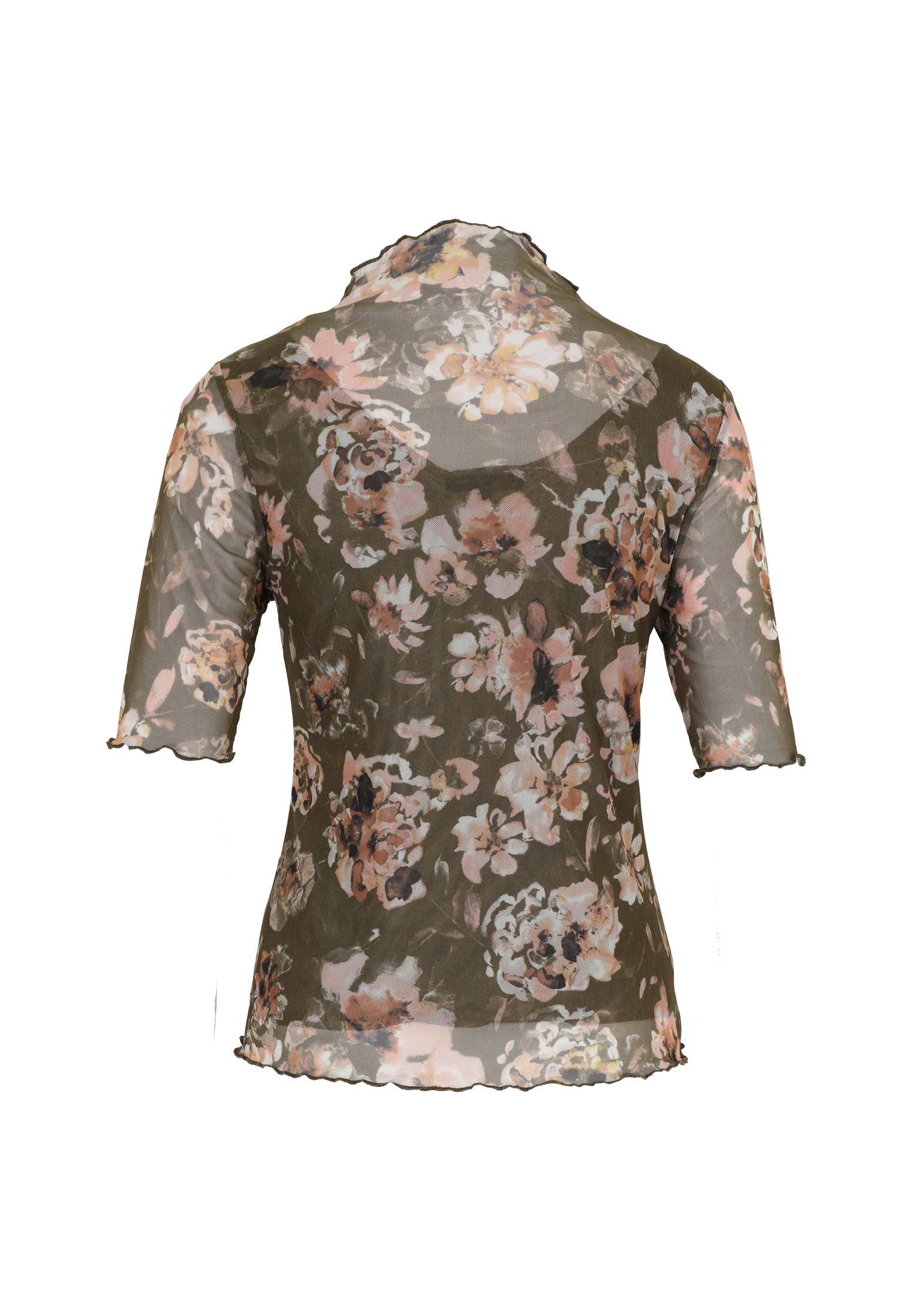 Zero Kurzarmshirt »zero Mesh-Blumen-Shirt mit hohem Kragen«, (1 tlg.), Rüschen