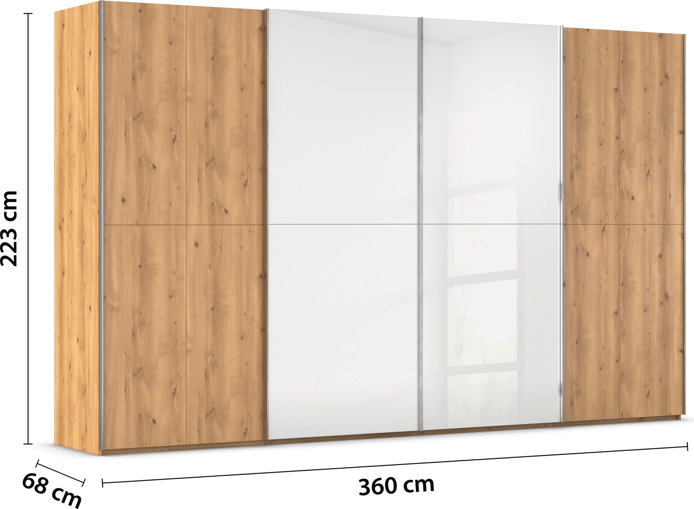 rauch Schwebetürenschrank »Kleiderschrank Schrank Garderobe Schlafzimmerschrank SCALE-WOOD«, edle geteilte Front in massiver Asteiche mit Glastüren MADE IN GERMANY