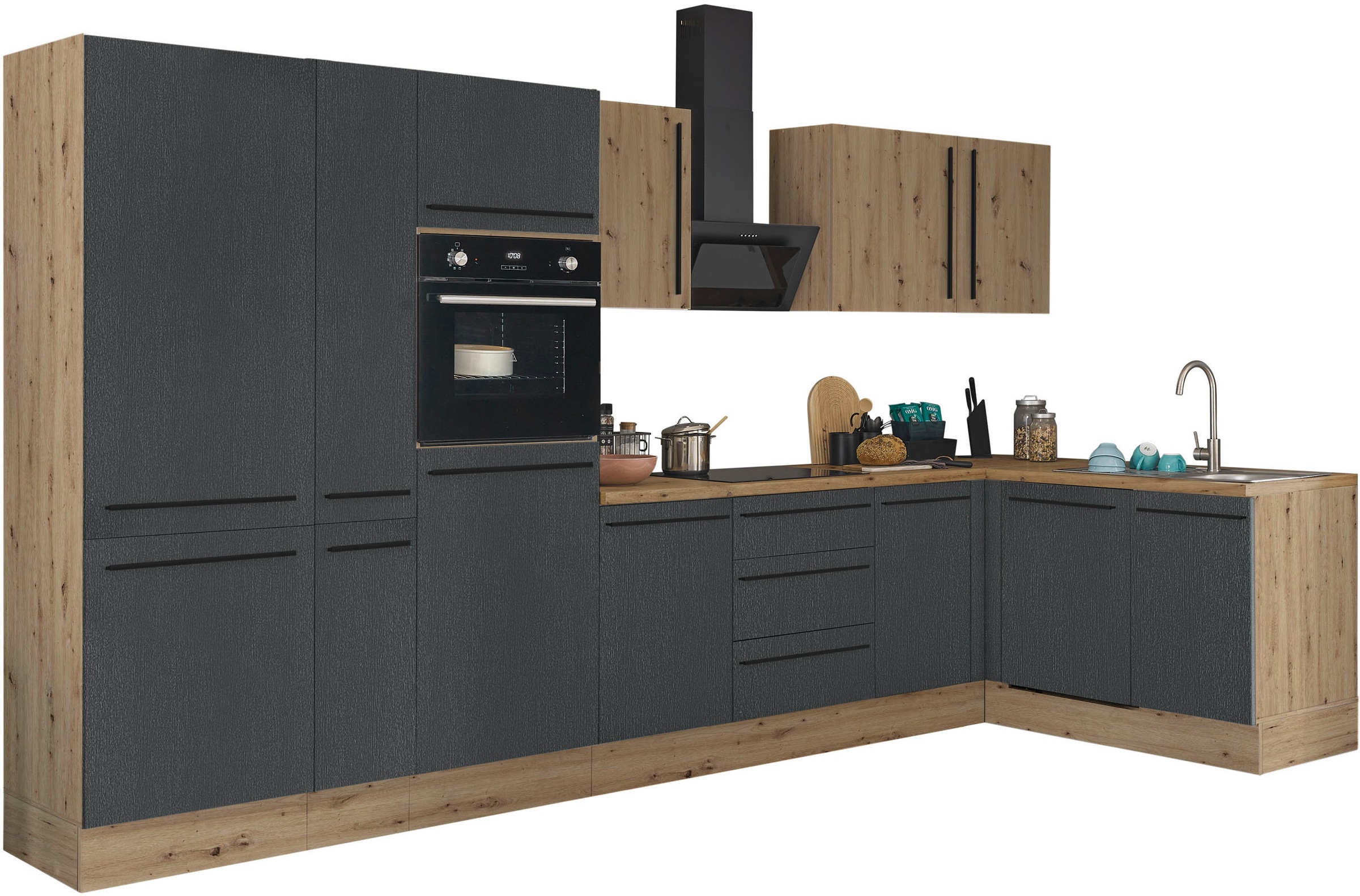 KOCHSTATION Winkelküche "Florida, Stellbreite 370x175 cm" wahlweise mit E-Geräten, mit Softclose für Türen und Schubkästen