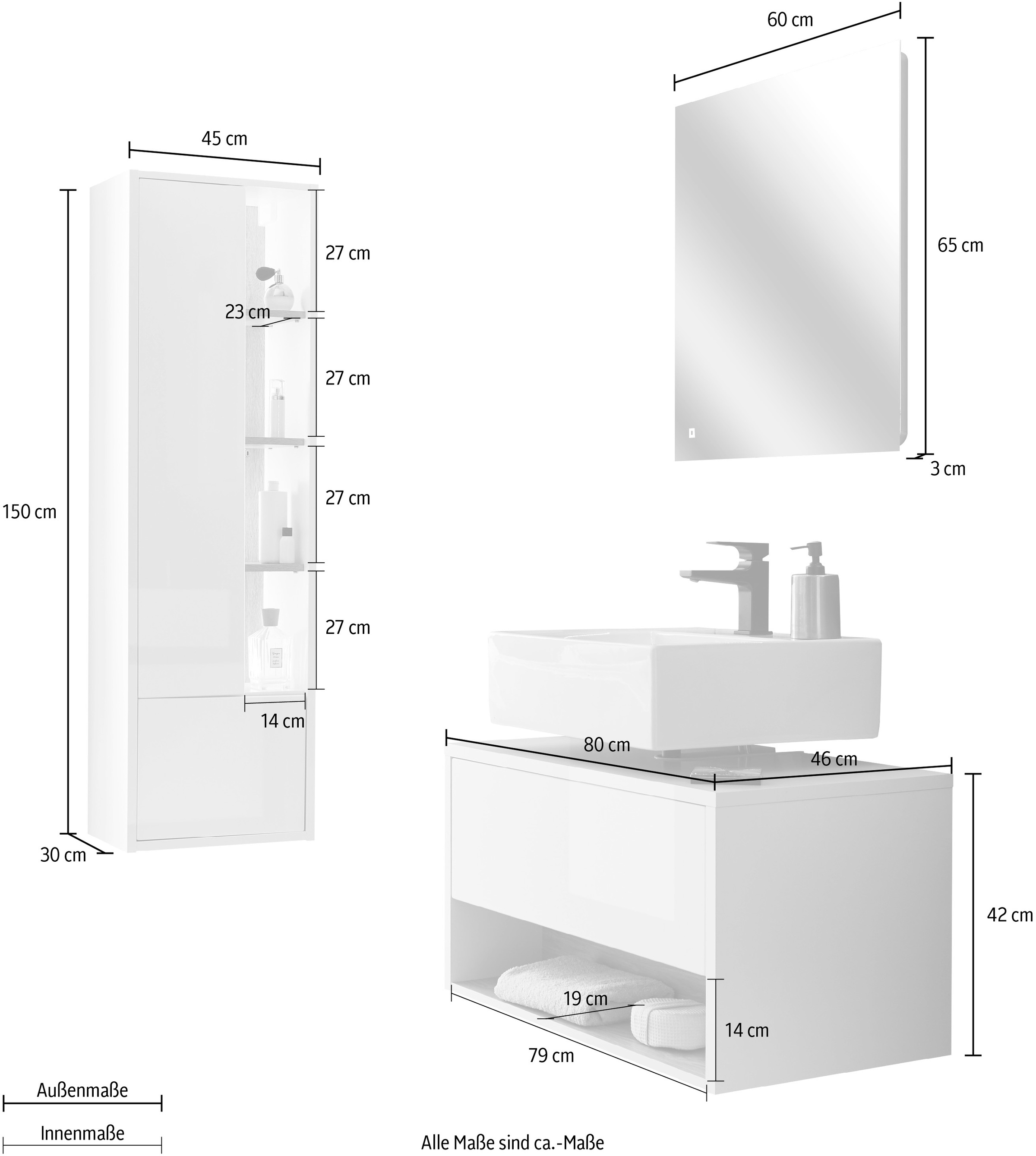 Places of Style Badmöbel-Set »Studio Line, Bad im modernen Design, 3-teiliges Badezimmer«, (3 St.), Schrank, Unterschrank und Spiegel, in zwei Farben verfügbar, Stauraum