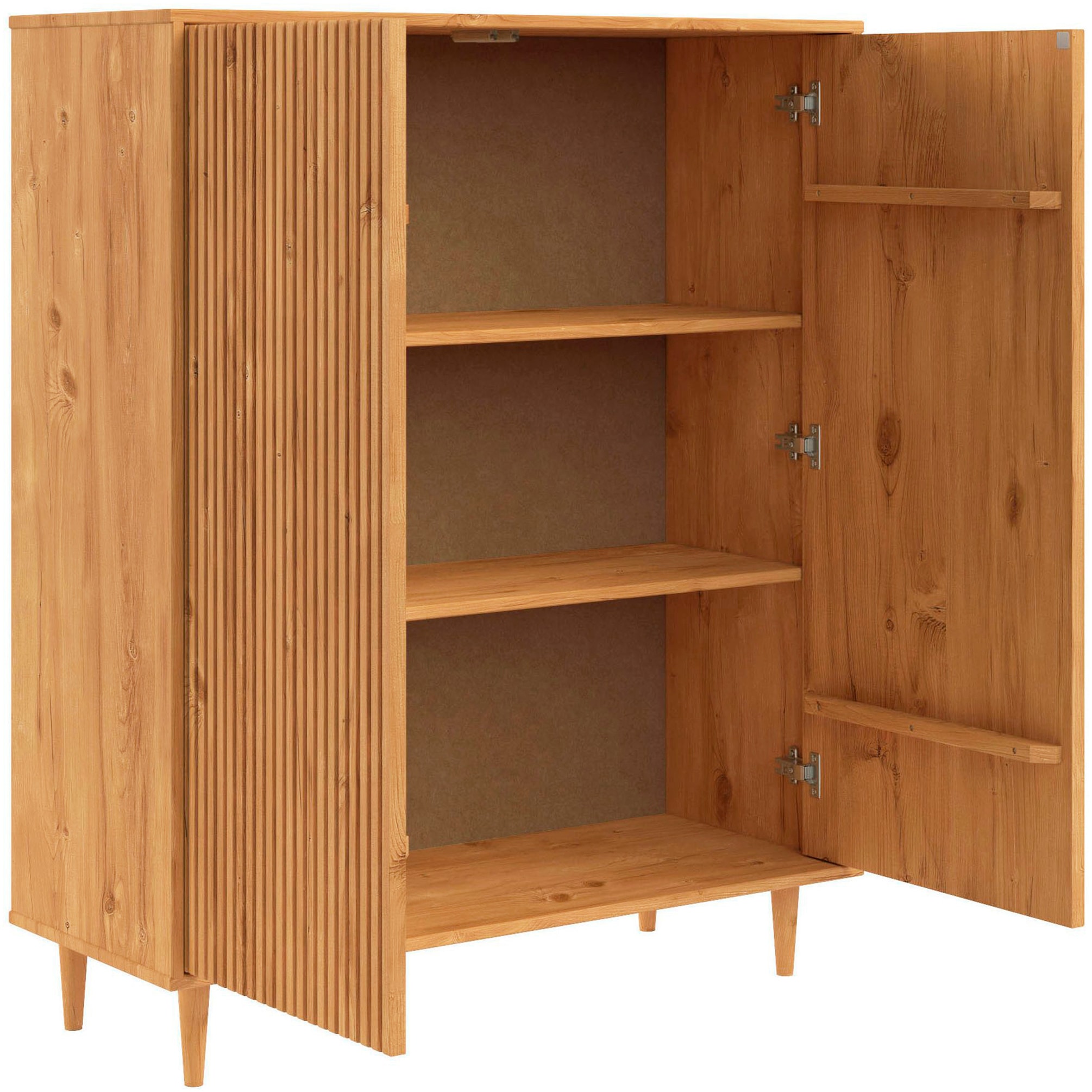OTTO home Highboard »Malmedy Midischrank mit einer Lamellenoptik und Push to Open Funktion« massives Kiefernholz, Push-to-open Funktion, verstellbare Einlegeböden