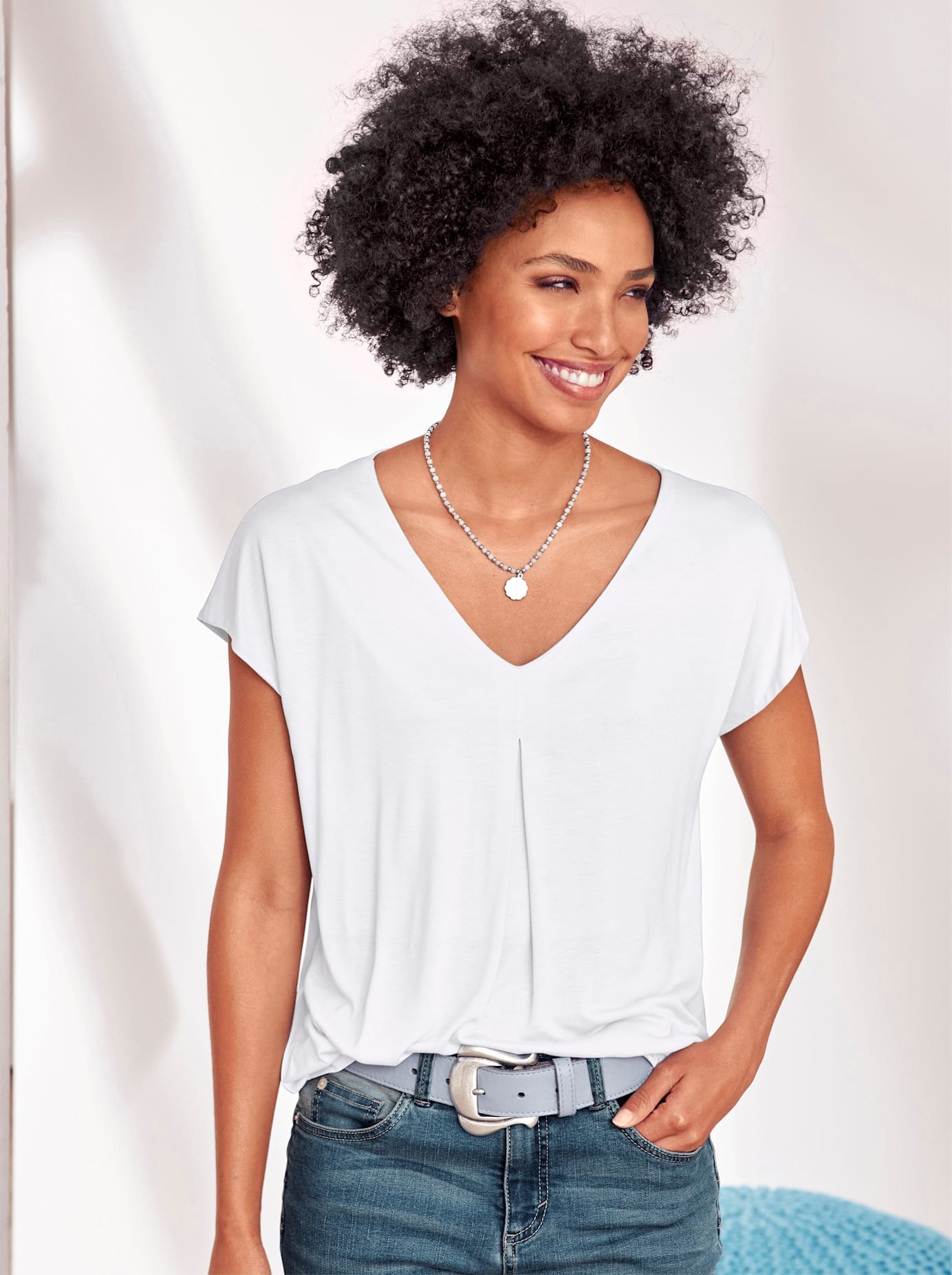 Kurzarmshirt HEINE "Shirt", Damen, Gr. 38, weiß, 100% Viskose, unifarben, V-Ausschnitt, Shirts