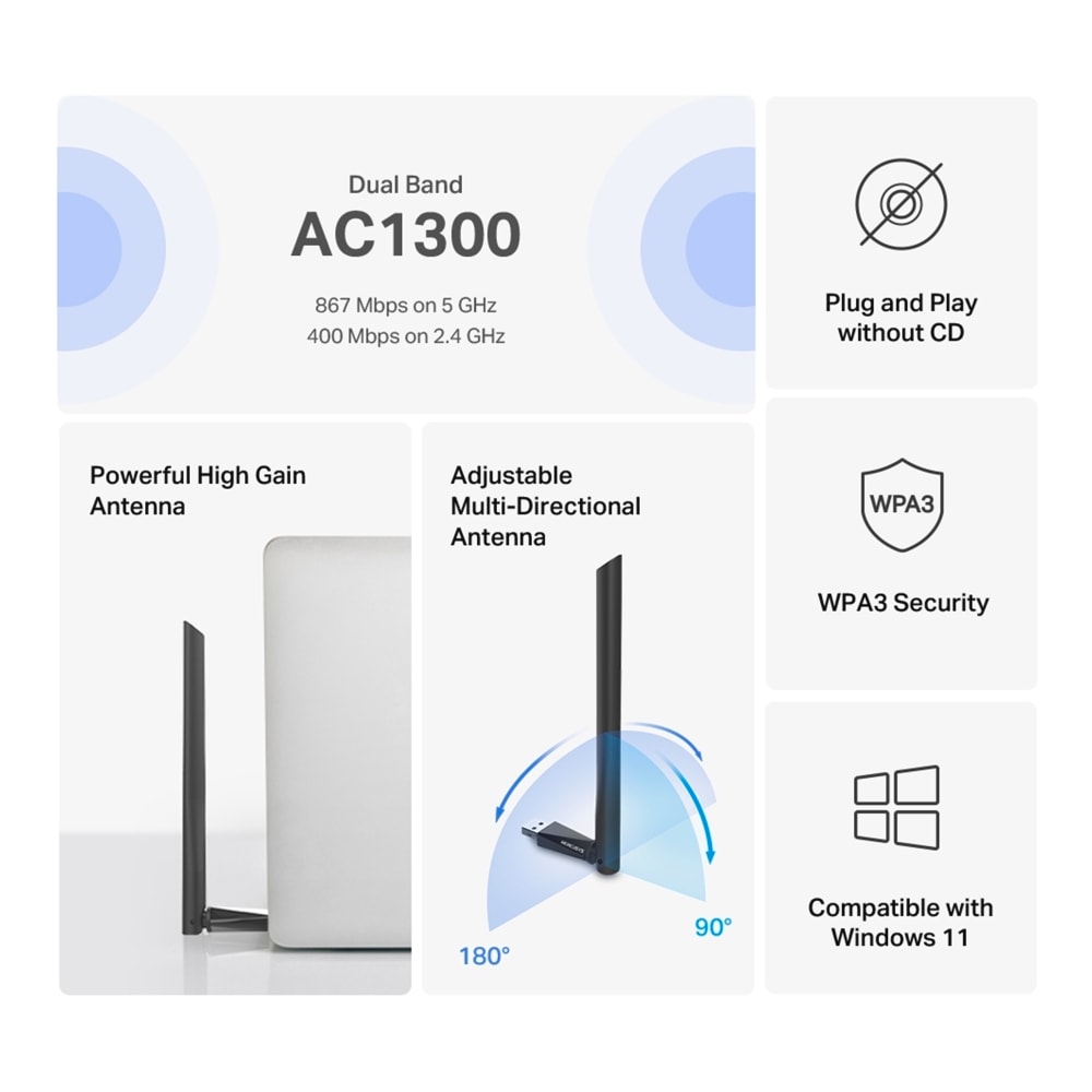 TP-Link WLAN-Adapter »Mercusys MA30H AC1300 High Gain«, (1300 Mbit/s 5 GHz), Wi-Fi 5, Plug&Play, Windows 10/11