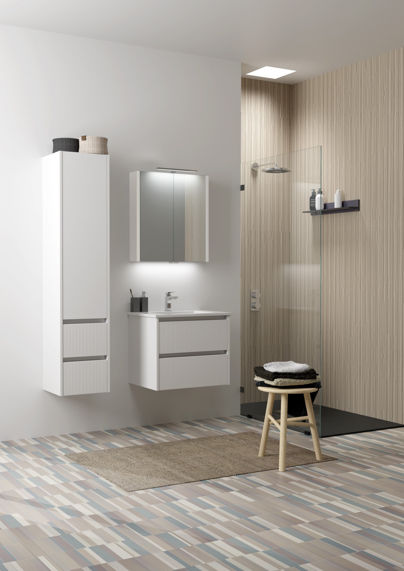 welltime Hochschrank »Urban«, Schubladen mit Softclose, Glaseinlegeböden, Schubladenfront geriffelt