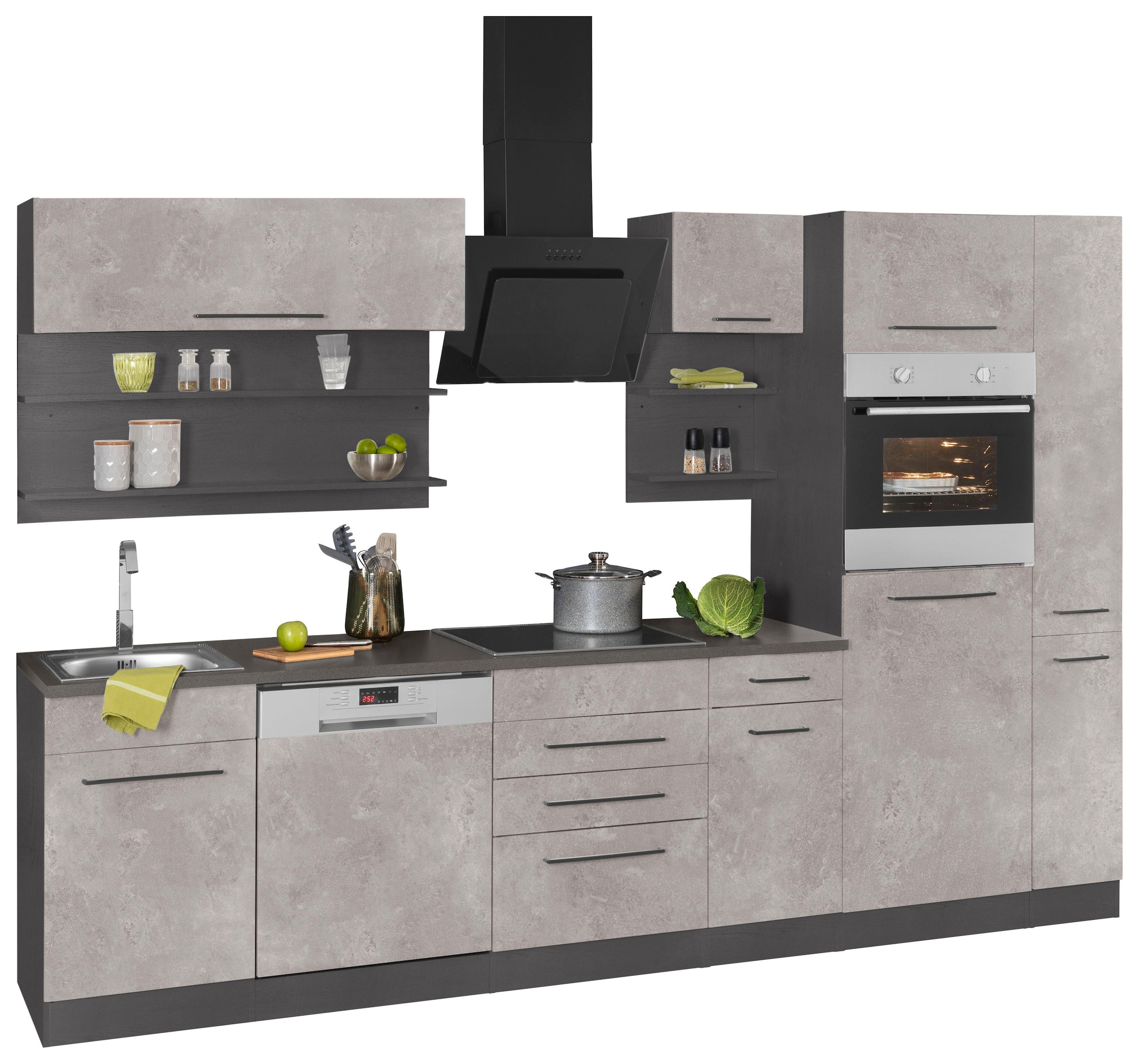 KOCHSTATION Küchenzeile »KS-Tulsa«, mit E-Geräten, Breite 300 cm, schwarze Metallgriffe, MDF Fronten