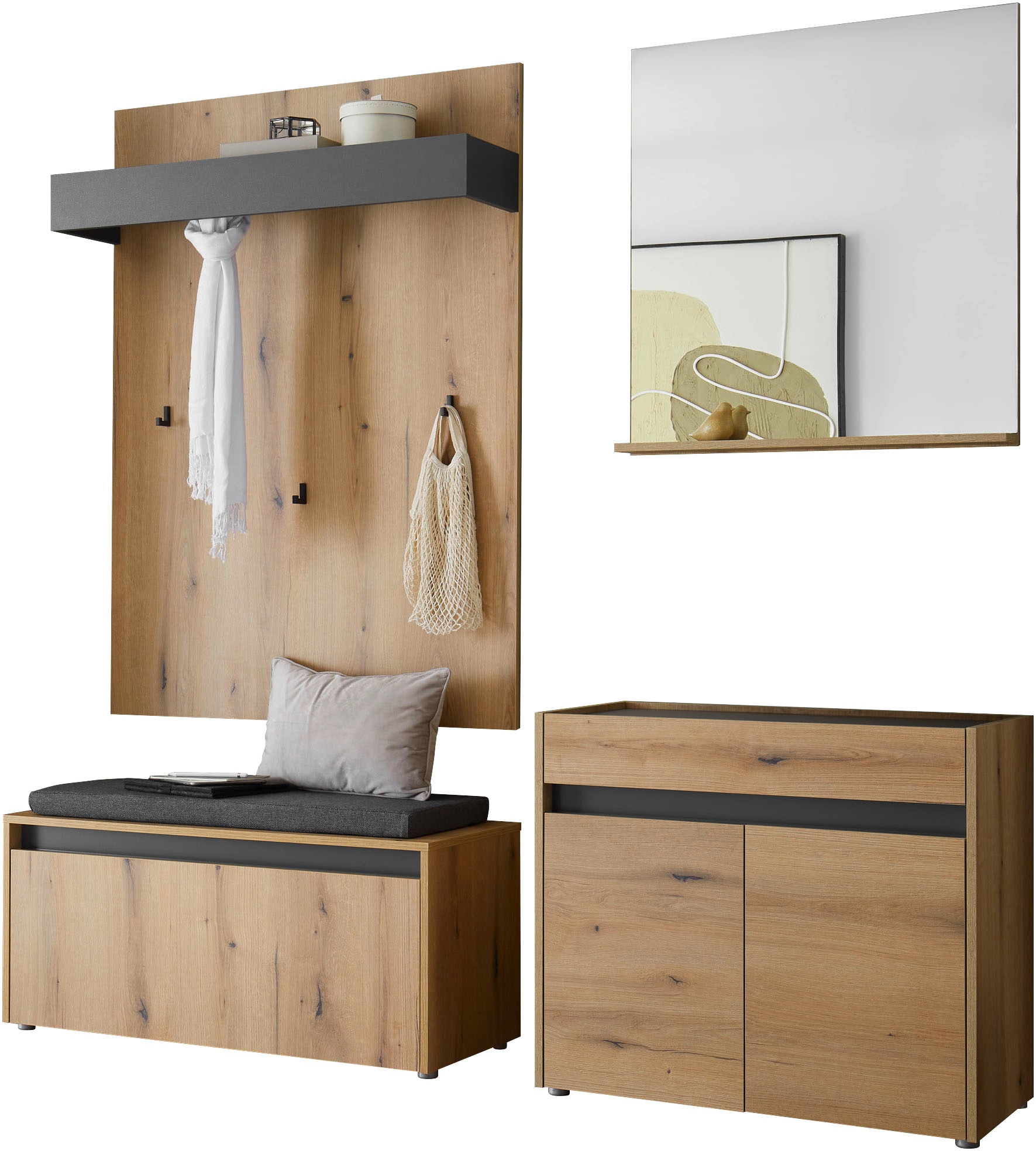 INOSIGN Garderoben-Set »GIRON/CiTY, moderne Garderobe, Komplettset mit viel Stauraum«, (Komplett-Set, 4 St.), enthält Kommode, Spiegel, Paneel & Schuhbank +Sitzkissen, 190 cm breit