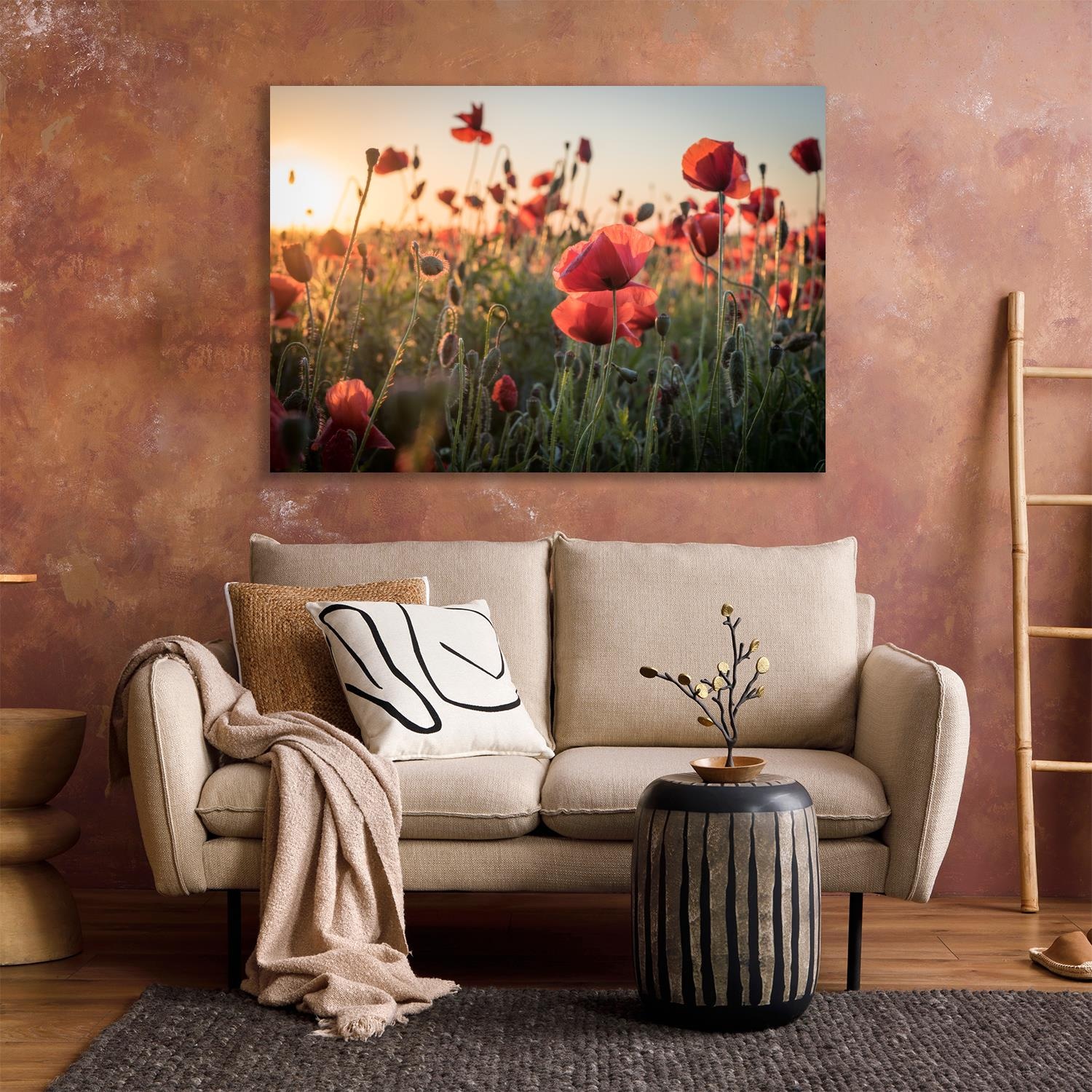 queence XXL-Wandbild "Akustikbild Mohn Mohnfeld bei Sonnenaufgang" Bilder v günstig online kaufen