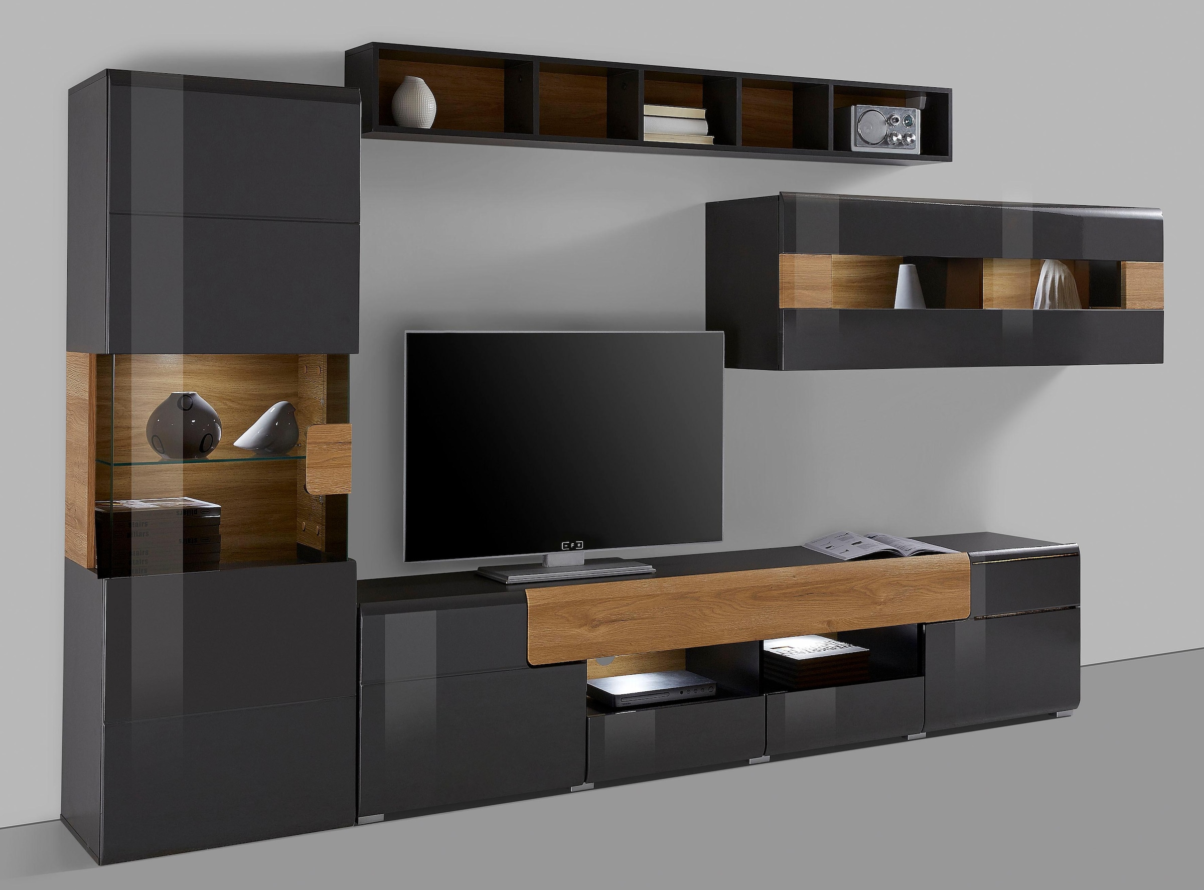INOSIGN Wohnwand »Toledo,Set,4-St, stilvolle Mediawand ohne Beleuchtung«, (Set, 4 St.), Anbauwand (2xHängevitrine,Lowboard,Hängeregal)MDF Hochglanzfronten