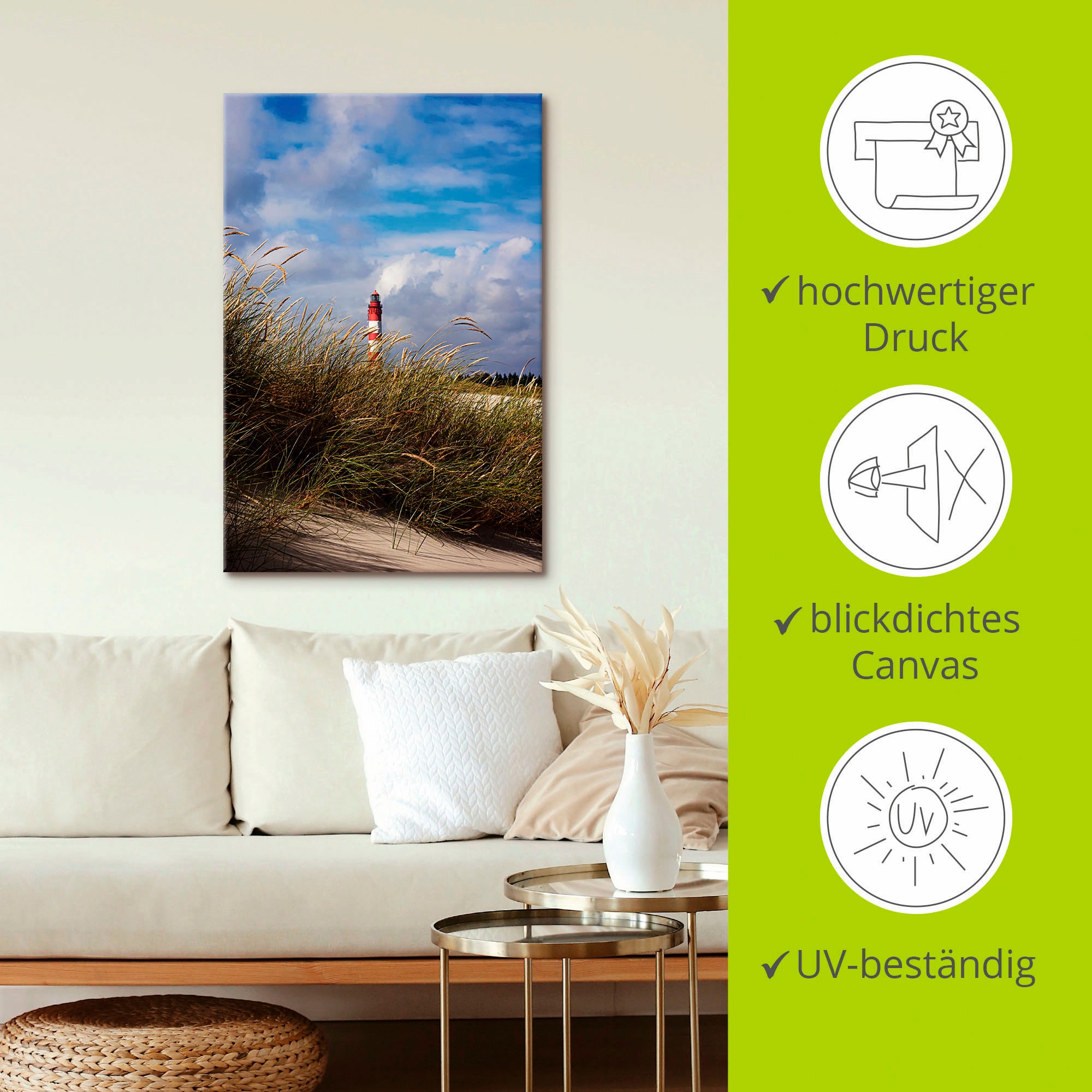 Artland Wandbild »Sommerimpression Amrumer Leuchtturm«, Gebäude, (1 St.), als Leinwandbild, Poster in verschied. Größen