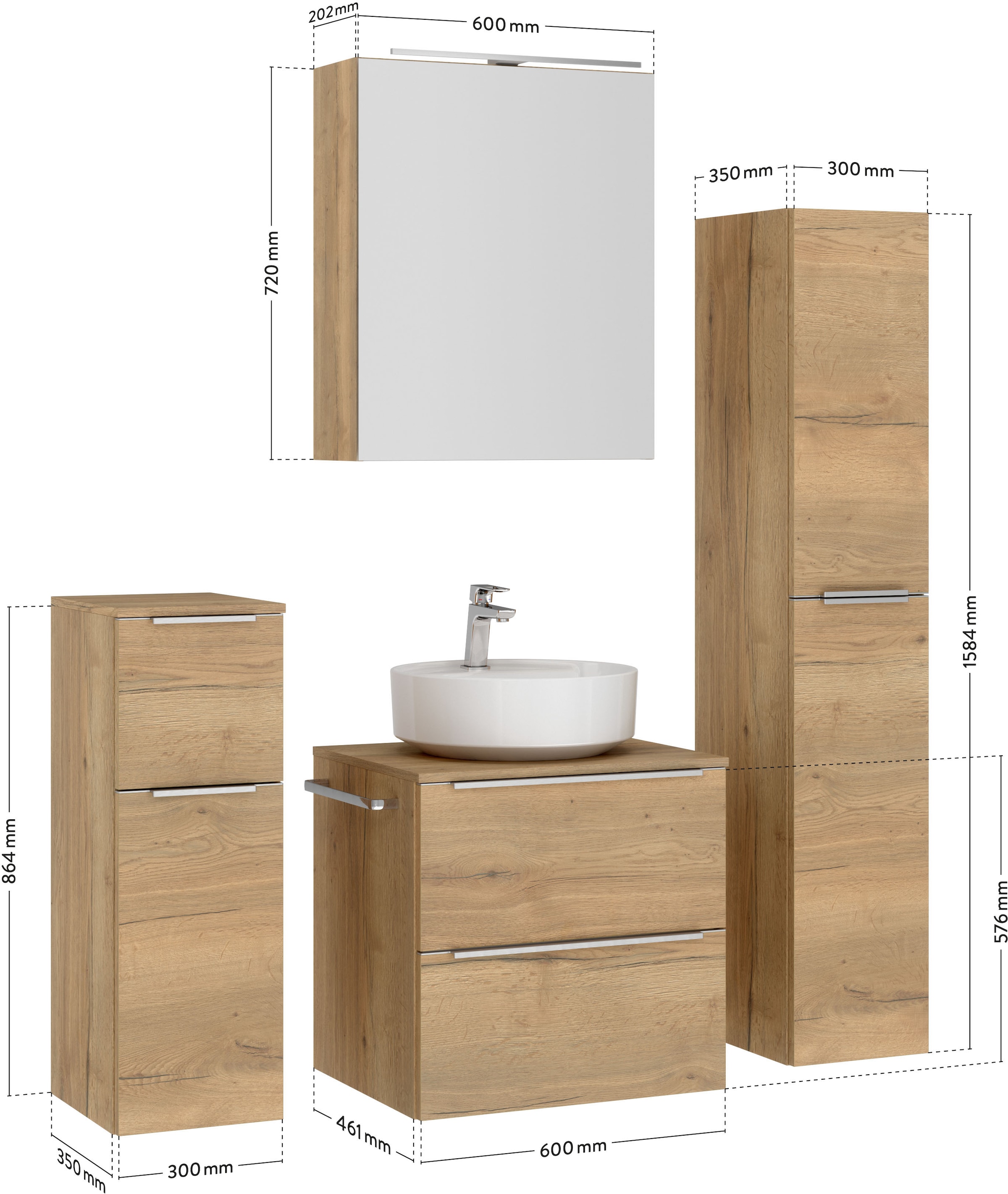nobilia® Badmöbel-Set »Alvene«, (4 St., vormontiert, mit Soft-Close), inkl. Spiegelschrank mit Beleuchtung und Dimmerfunktion, in 4 Breiten