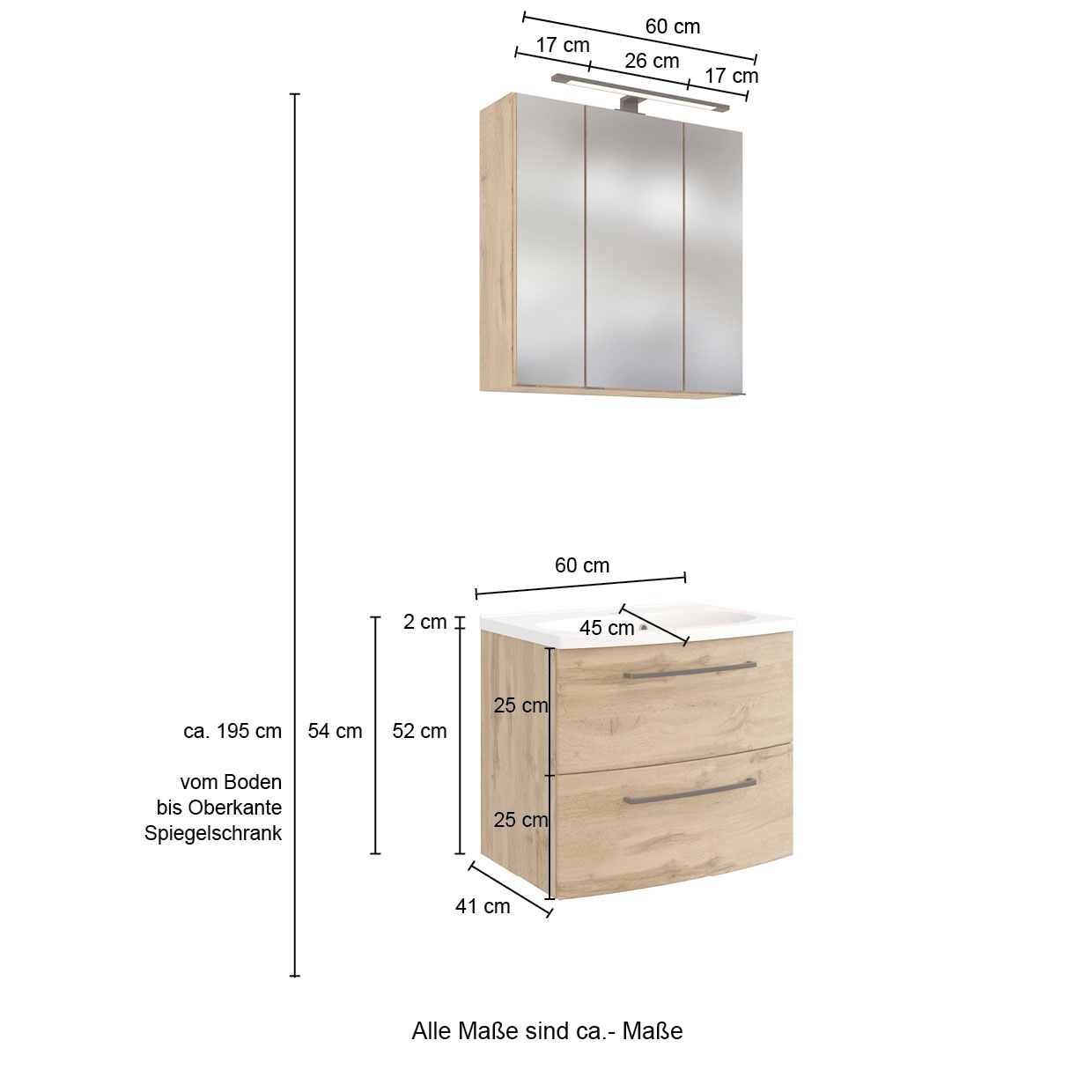 welltime Badmöbel-Set »Chicago«, (5 St., Spiegelschrank, Waschtisch, Hängeschrank, Unterschrank, Midischrank)