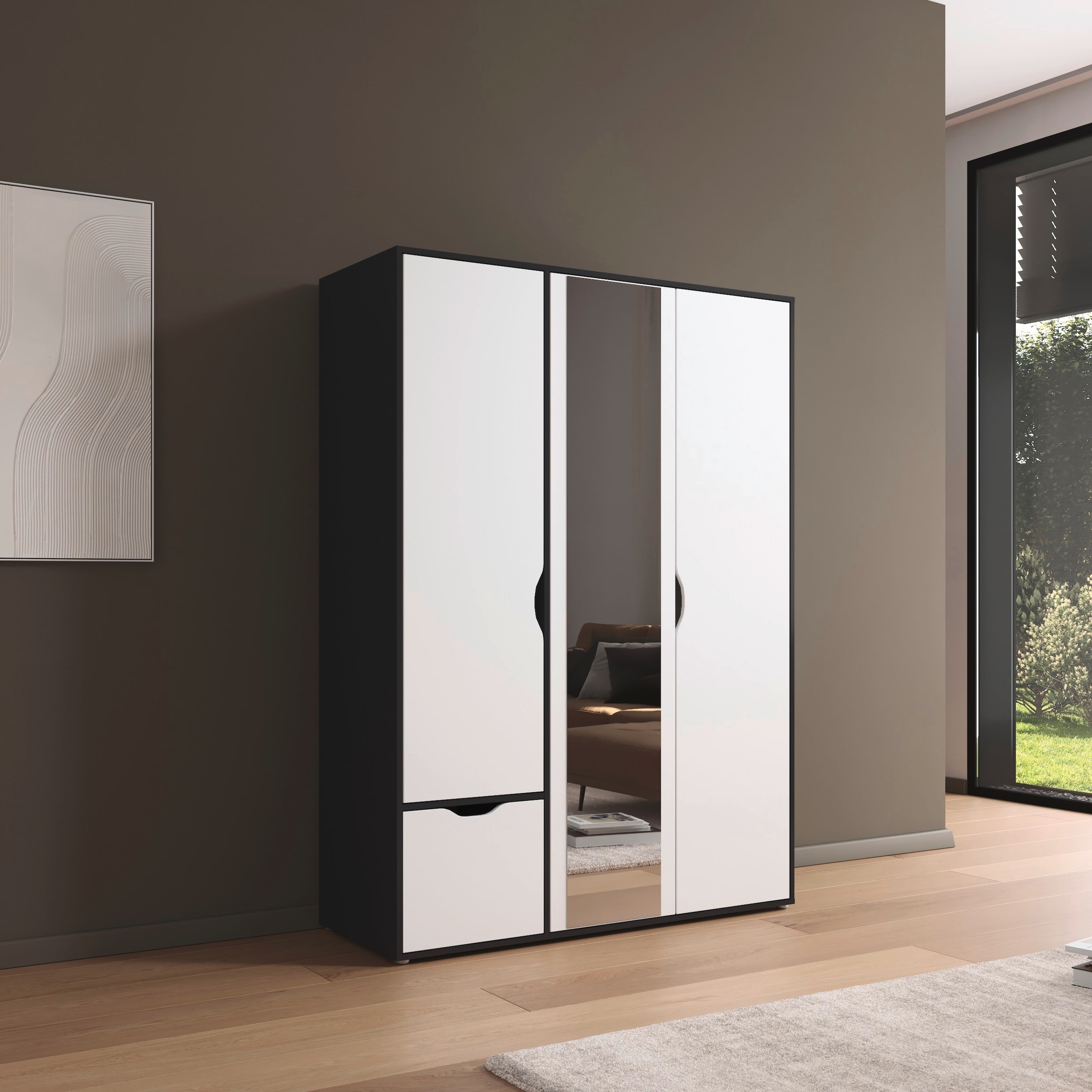 rauch Drehtürenschrank »Kleiderschrank Schrank Garderobe Wäscheschrank NARAI mit Schubladen«, (in 3 verschiedenen Ausstattungen BASIC/CLASSIC/PREMIUM), Griffausfräsungen für eine grifflose Optik TOPSELLER MADE IN GERMANY