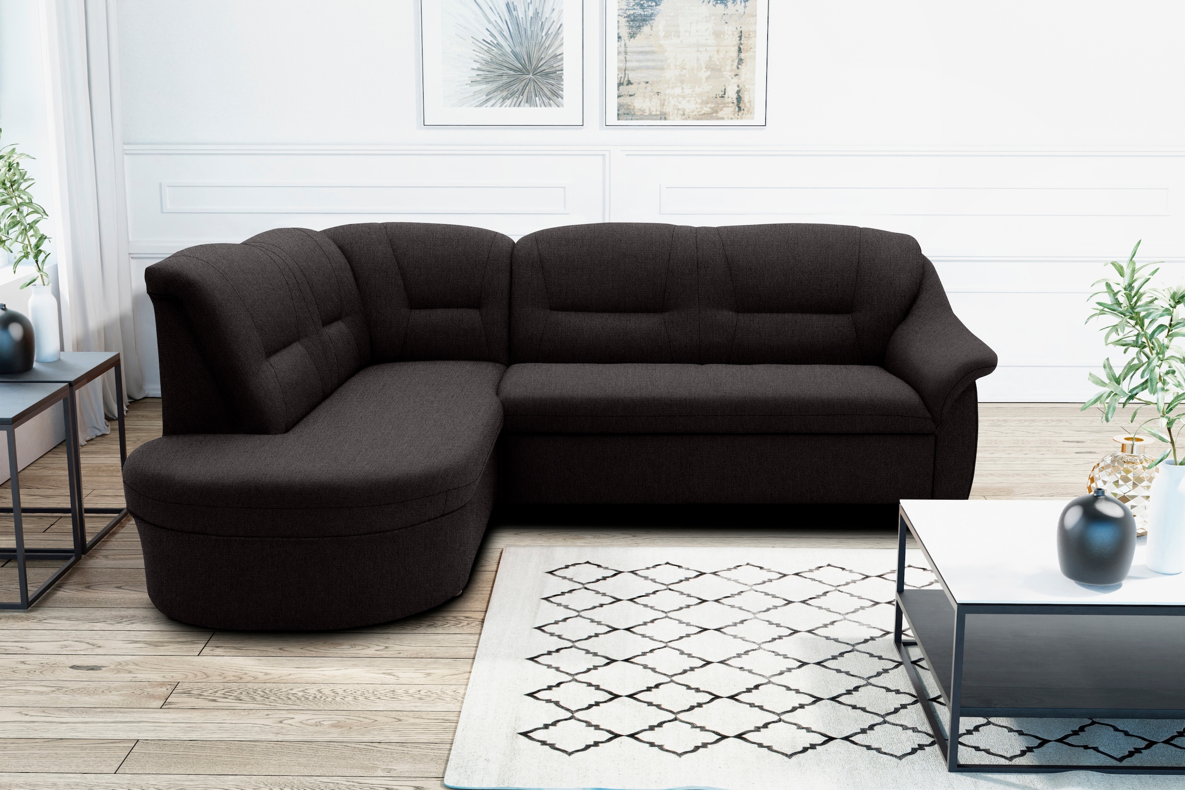 DOMO collection Ecksofa »Faenza für kleine Räume, Stellmaße 232,176cm, komfortabel, L-Form«, mit Ottomane, zeitlos, elegante Armlehnen, wahlweise mit Bettfunktion