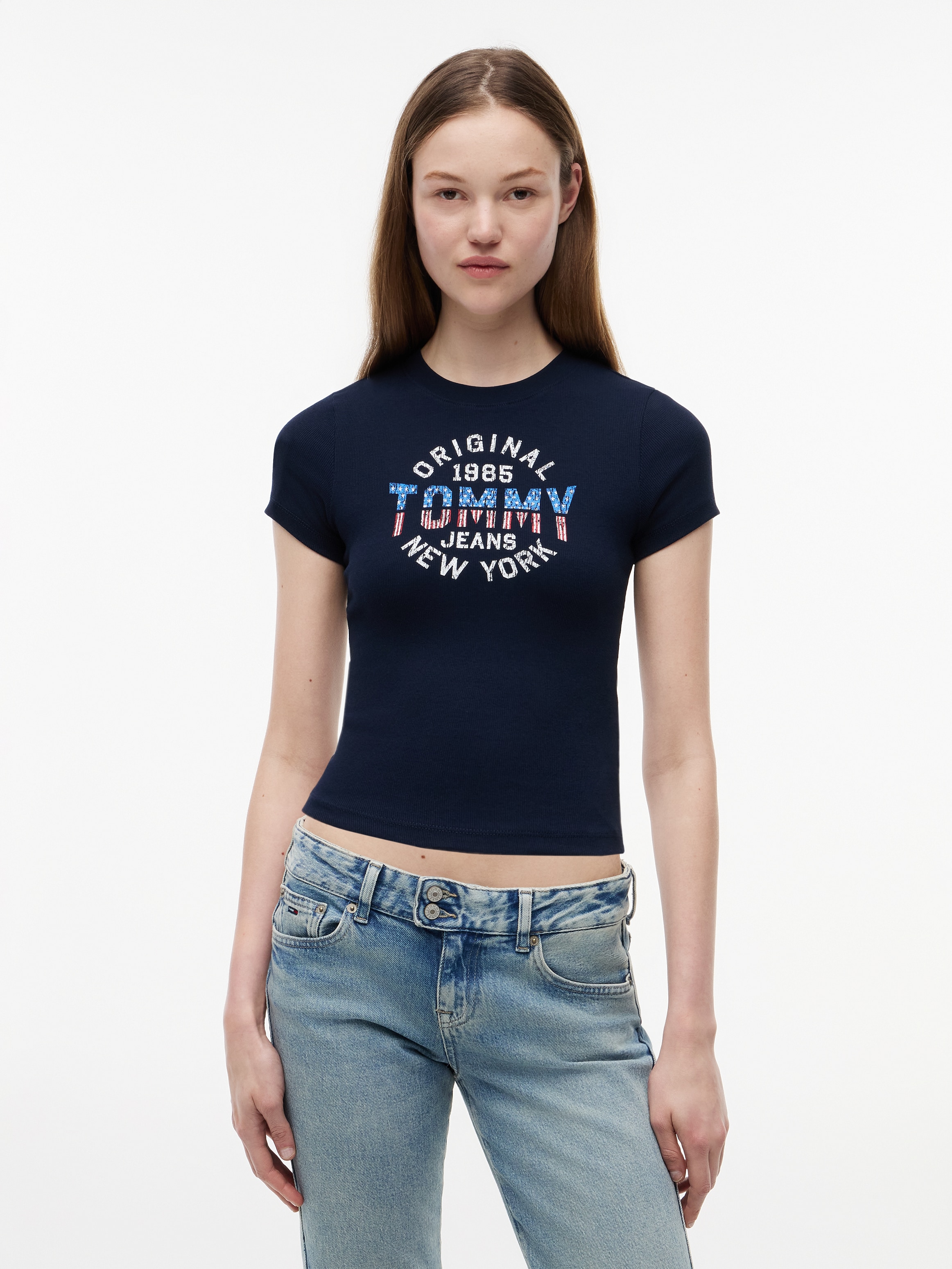 Tommy Jeans Kurzarmshirt »TJW SLIM SH TOMMY NY RIB TEE« Baumwollmischung, slim fit, in gerippter Struktur