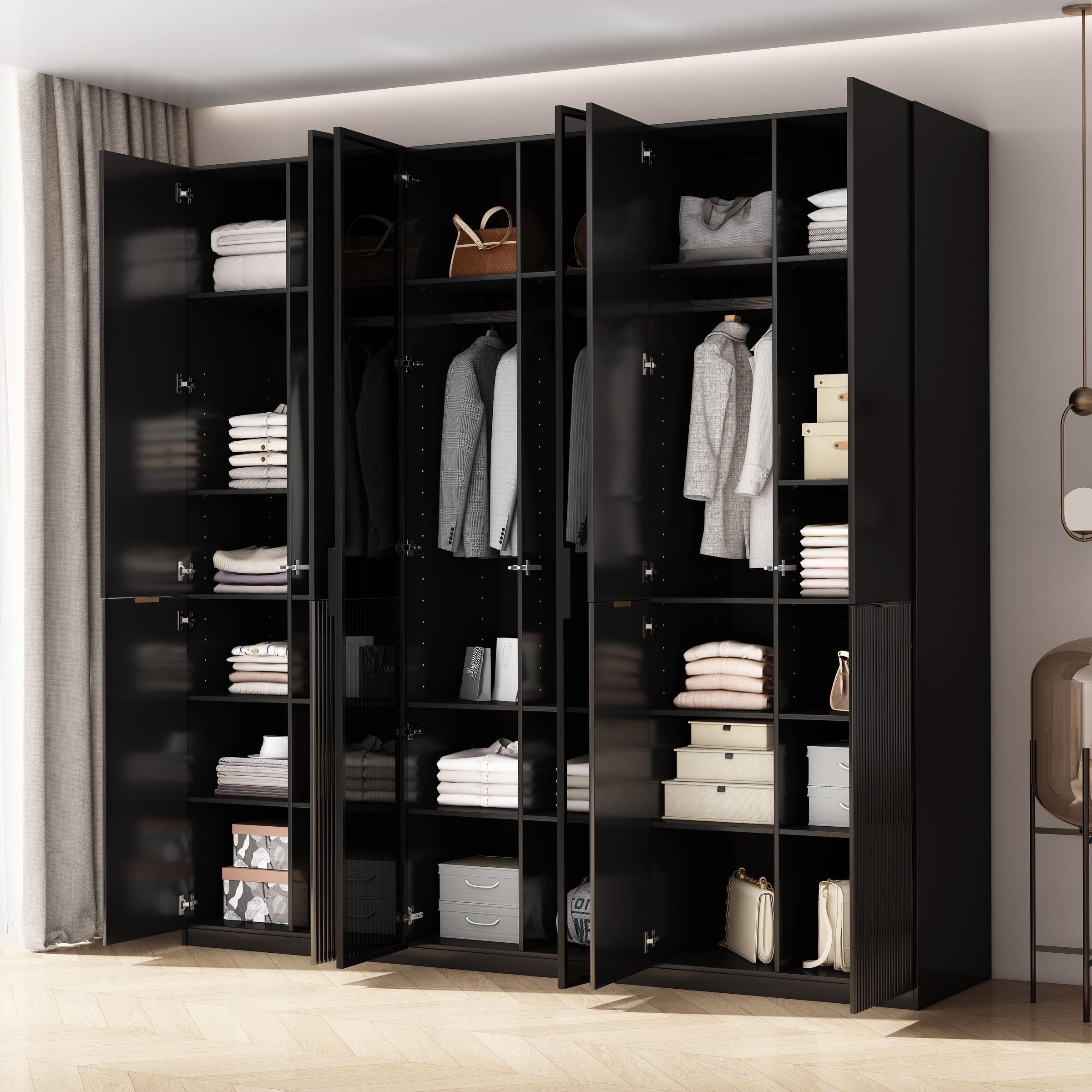 OTTO home Kleiderschrank »Jorella Schlafzimmerschrank Garderobe mit Softclose Türen Glastüren« eleganter Schlafzimmerschrank Rillendesign Trend Breite 241cm Grauglas